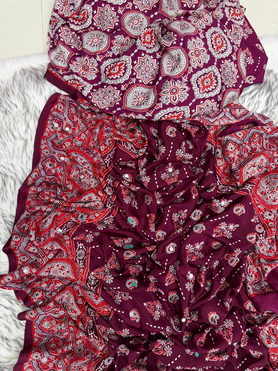 Impressive Party Wear Pure Satin Silk Ajrak Printed Rich Pallu n Mirror Work Fancy Saree With Blouse Piece