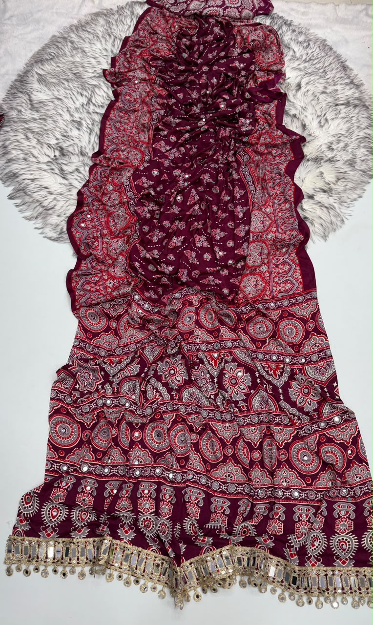 Impressive Party Wear Pure Satin Silk Ajrak Printed Rich Pallu n Mirror Work Fancy Saree With Blouse Piece