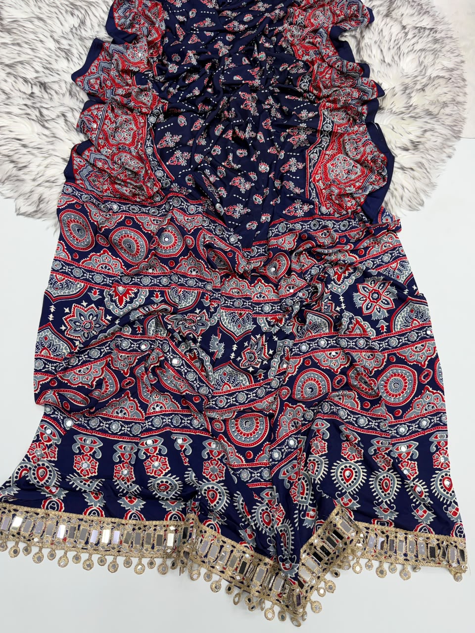 Impressive Party Wear Pure Satin Silk Ajrak Printed Rich Pallu n Mirror Work Fancy Saree With Blouse Piece
