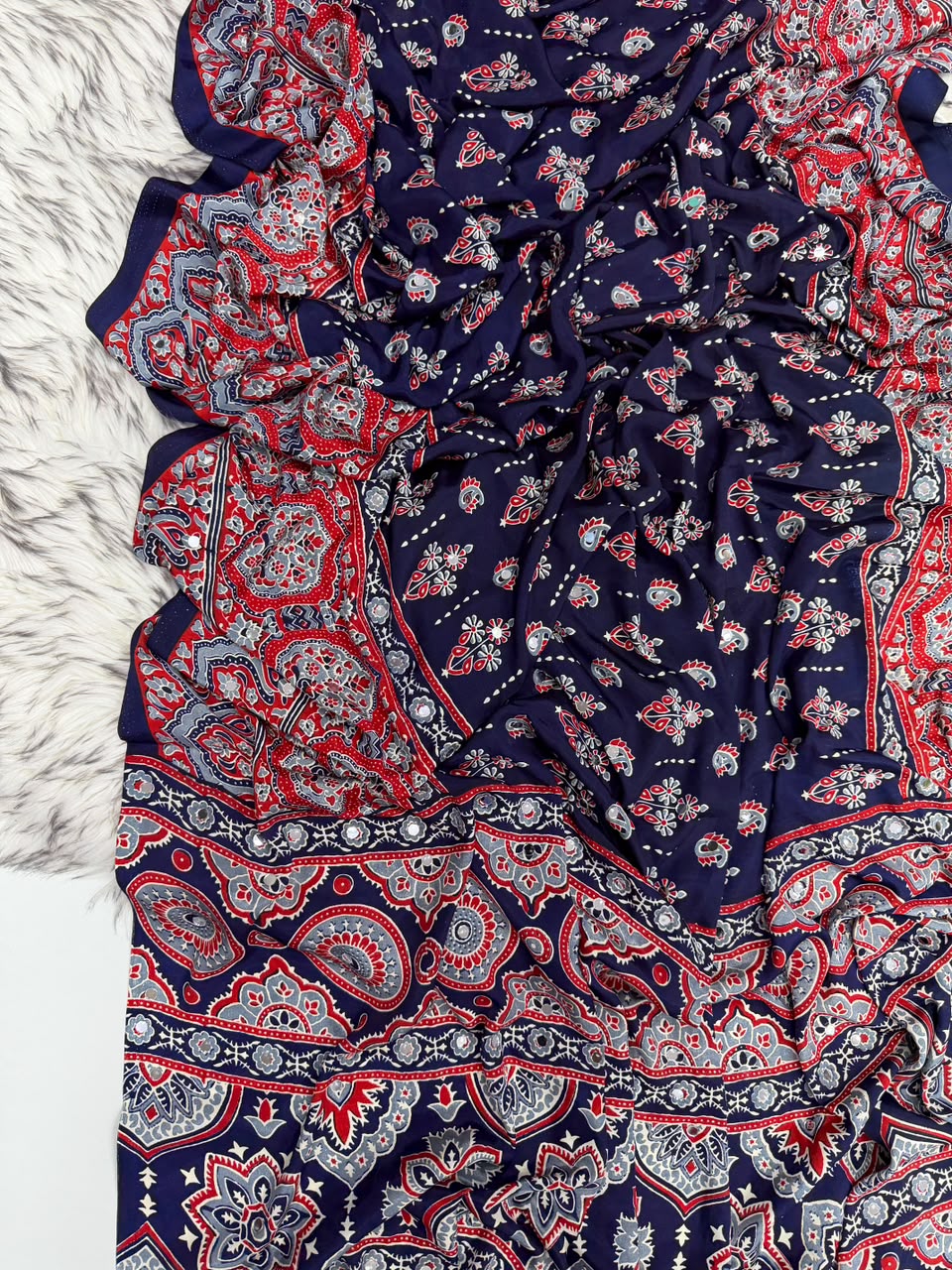 Impressive Party Wear Pure Satin Silk Ajrak Printed Rich Pallu n Mirror Work Fancy Saree With Blouse Piece