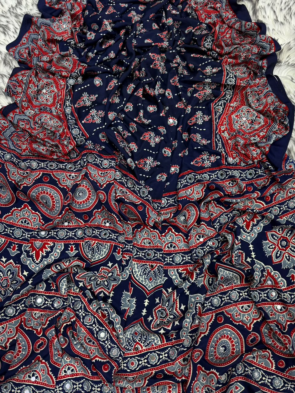 Impressive Party Wear Pure Satin Silk Ajrak Printed Rich Pallu n Mirror Work Fancy Saree With Blouse Piece