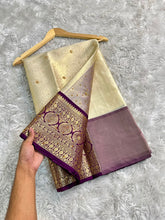 Load image into Gallery viewer, Gratifying Function Wear Light Cream Banarasi Tissue Silk Handstone Work Stunning Pallu n Jacquard Border Saree For Wedding
