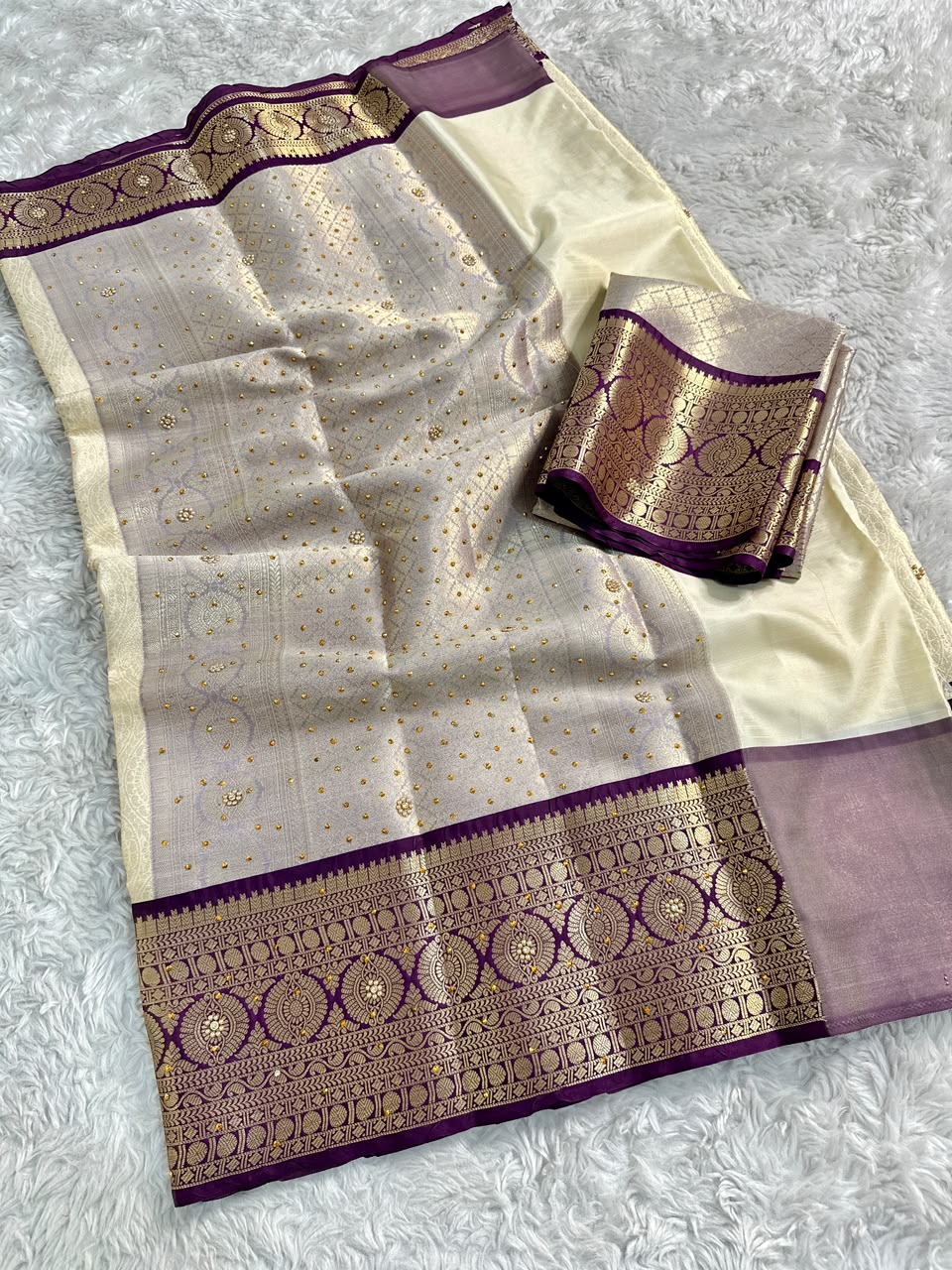 Gratifying Function Wear Light Cream Banarasi Tissue Silk Handstone Work Stunning Pallu n Jacquard Border Saree For Wedding
