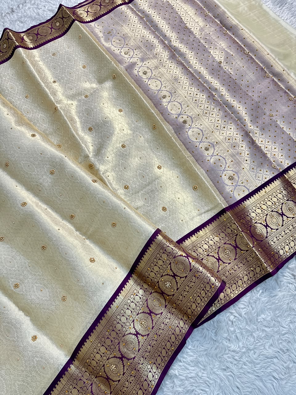 Gratifying Function Wear Light Cream Banarasi Tissue Silk Handstone Work Stunning Pallu n Jacquard Border Saree For Wedding
