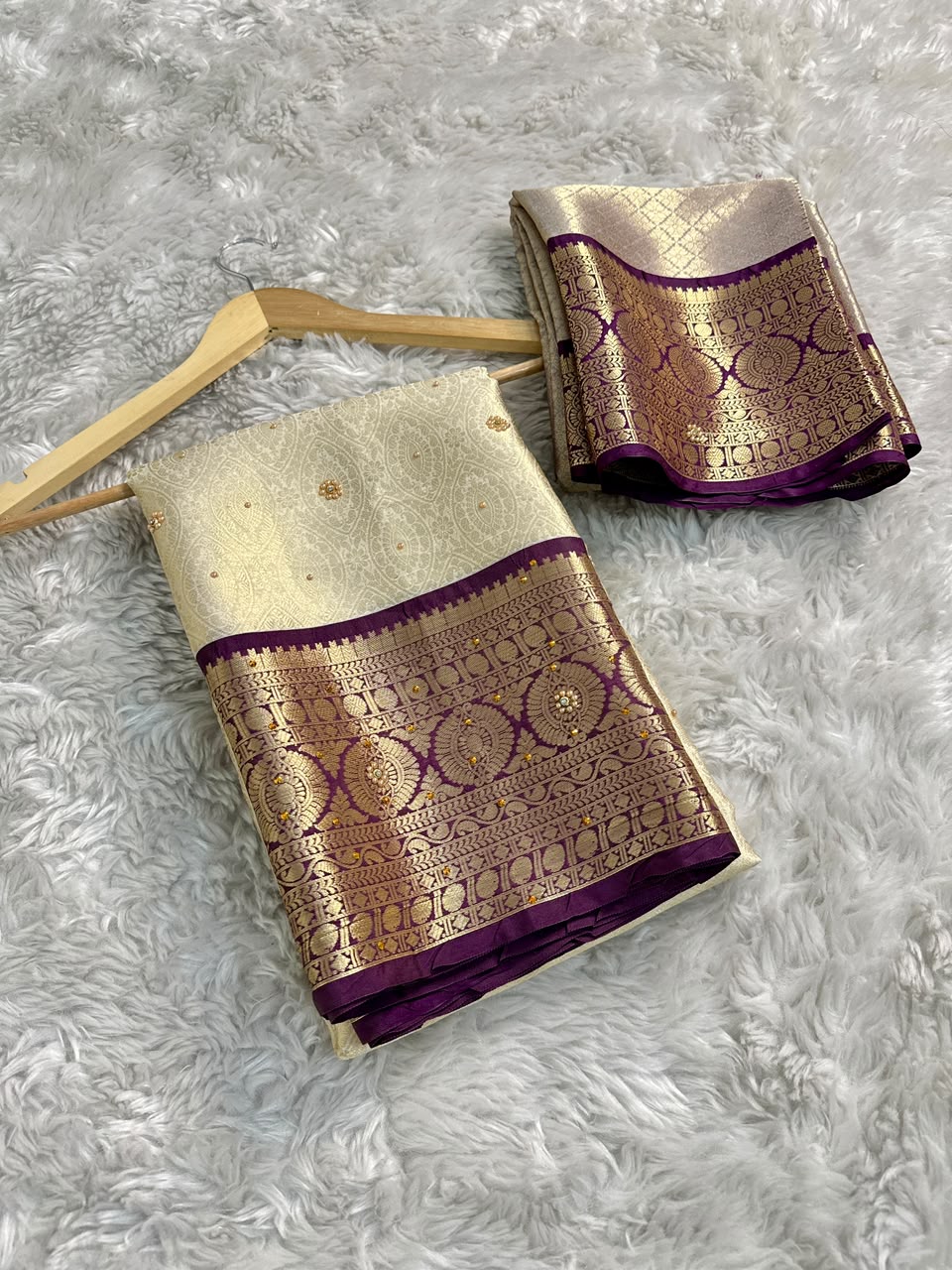 Gratifying Function Wear Light Cream Banarasi Tissue Silk Handstone Work Stunning Pallu n Jacquard Border Saree For Wedding