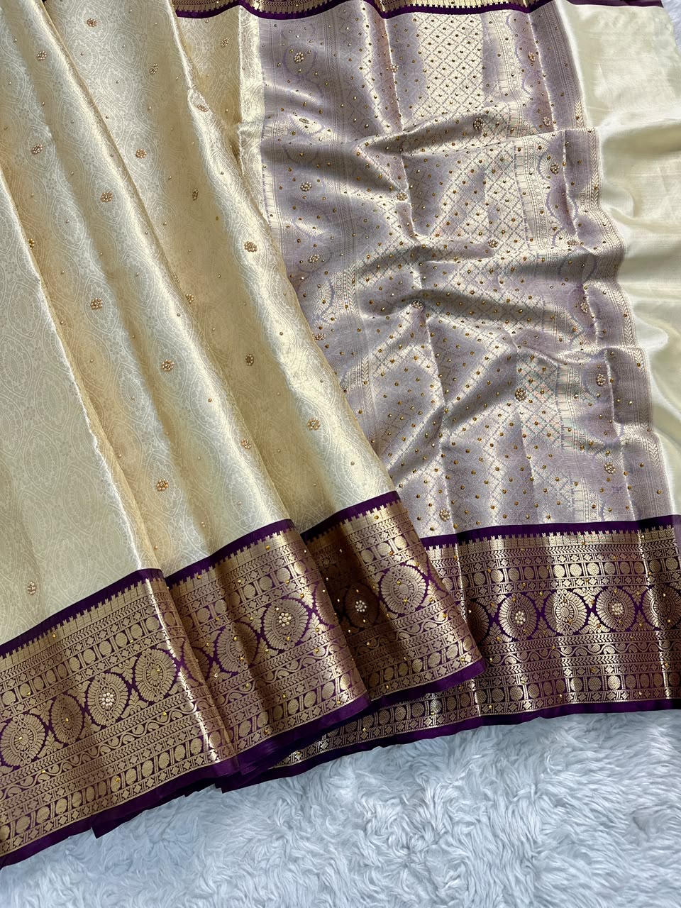 Gratifying Function Wear Light Cream Banarasi Tissue Silk Handstone Work Stunning Pallu n Jacquard Border Saree For Wedding