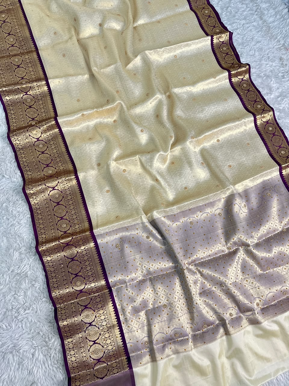 Gratifying Function Wear Light Cream Banarasi Tissue Silk Handstone Work Stunning Pallu n Jacquard Border Saree For Wedding