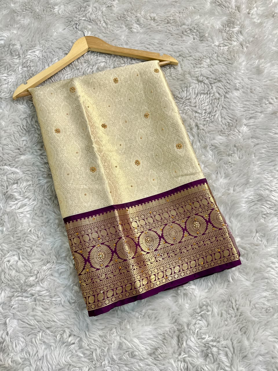 Gratifying Function Wear Light Cream Banarasi Tissue Silk Handstone Work Stunning Pallu n Jacquard Border Saree For Wedding