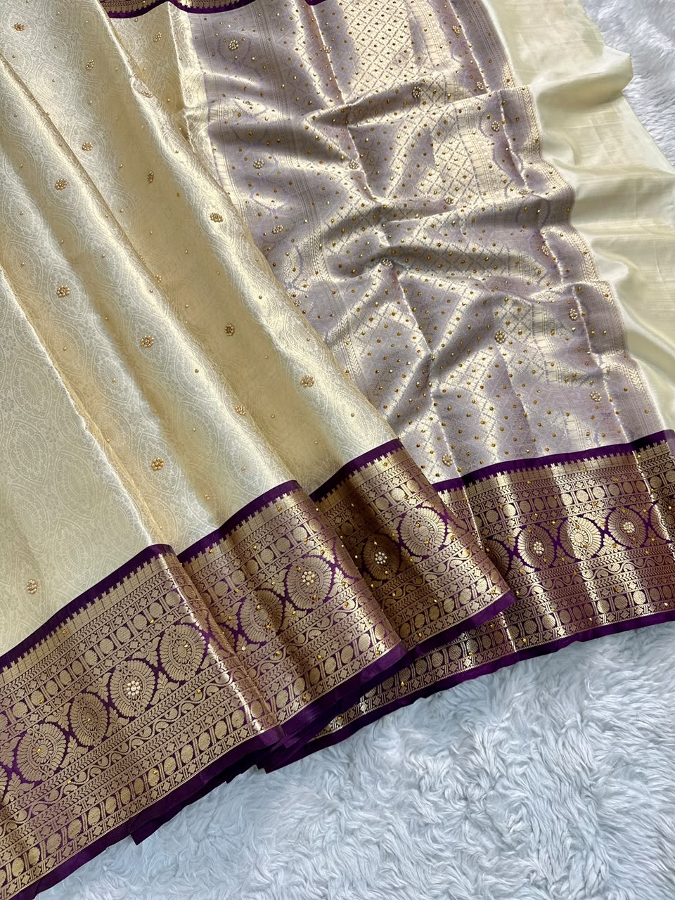 Gratifying Function Wear Light Cream Banarasi Tissue Silk Handstone Work Stunning Pallu n Jacquard Border Saree For Wedding