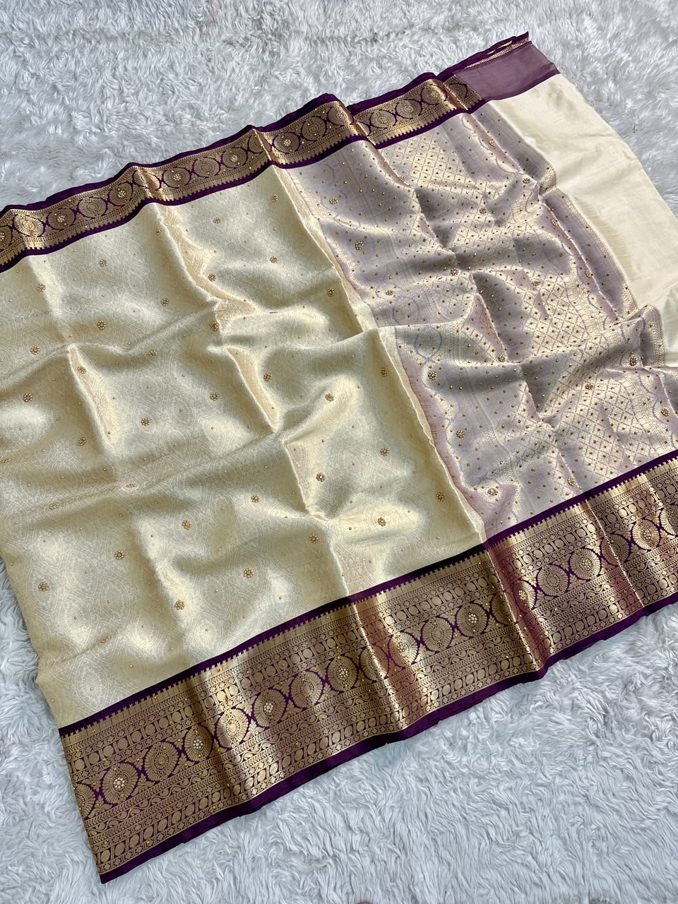 Gratifying Function Wear Light Cream Banarasi Tissue Silk Handstone Work Stunning Pallu n Jacquard Border Saree For Wedding