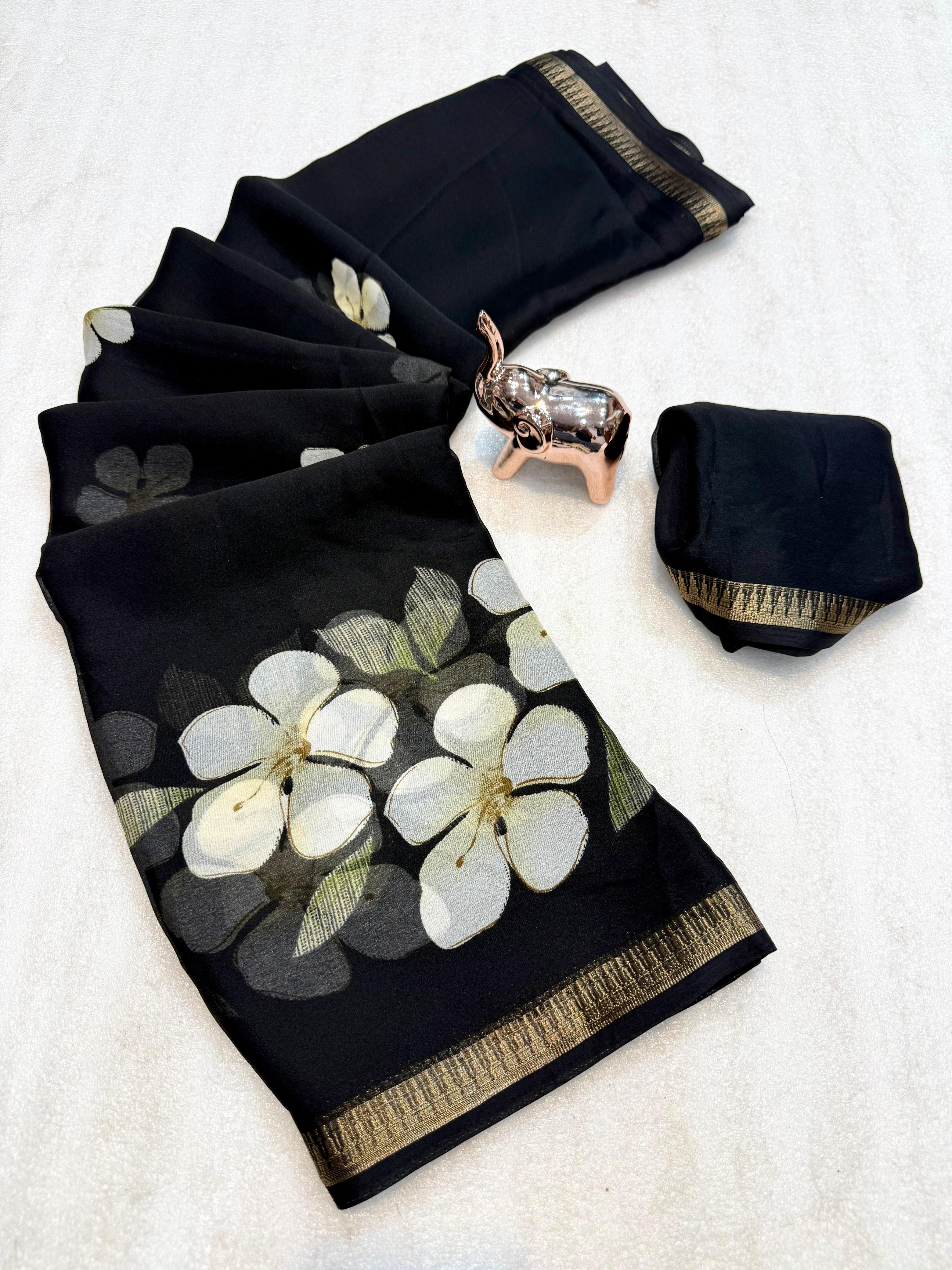 Delightful Party Wear Soft Silk Floral Print Jacquard Border Rich Pallu Fancy Saree With Blouse Piece