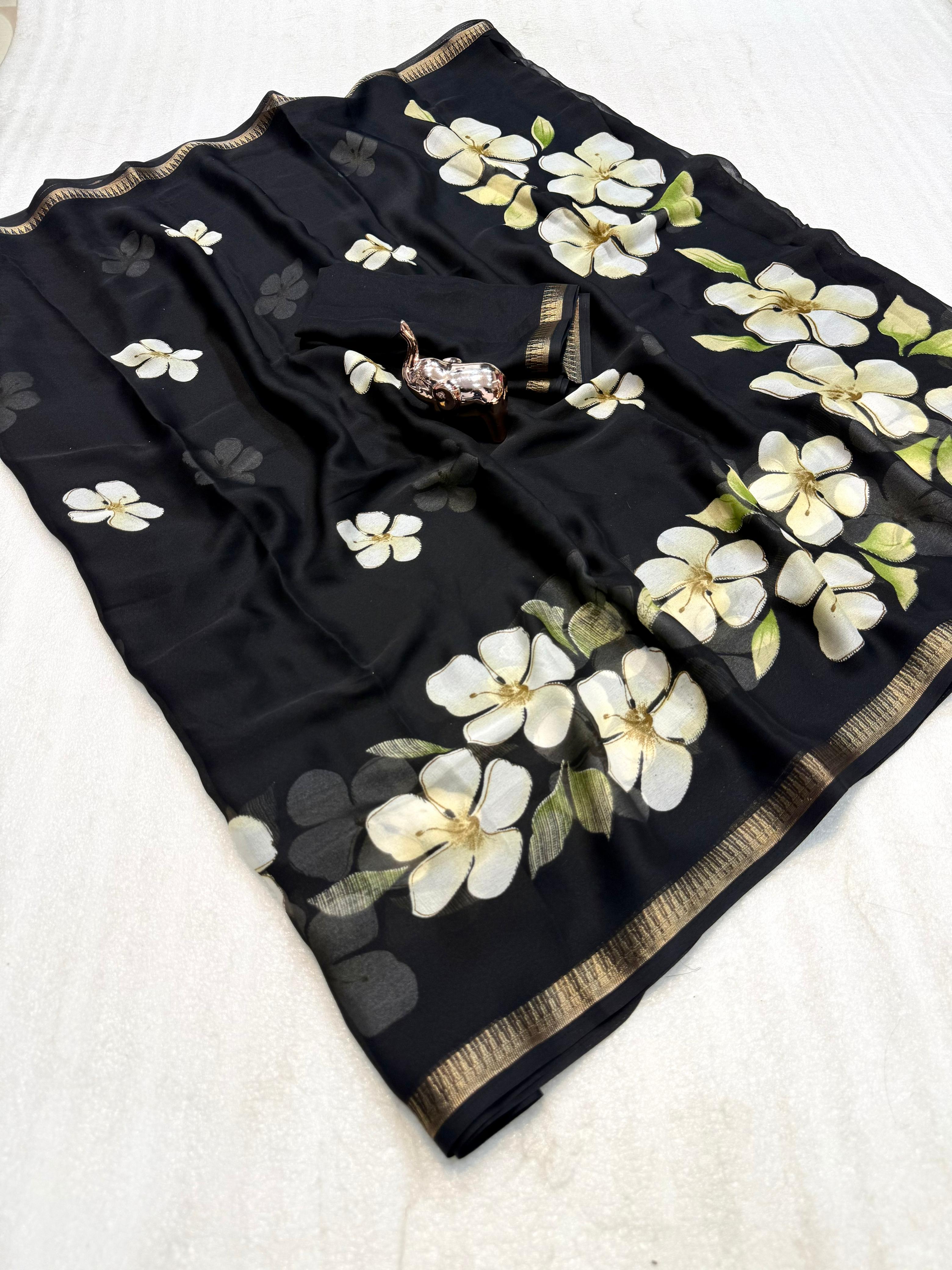 Delightful Party Wear Soft Silk Floral Print Jacquard Border Rich Pallu Fancy Saree With Blouse Piece