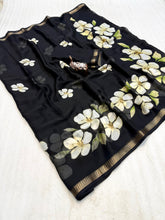 Load image into Gallery viewer, Delightful Party Wear Soft Silk Floral Print Jacquard Border Rich Pallu Fancy Saree With Blouse Piece
