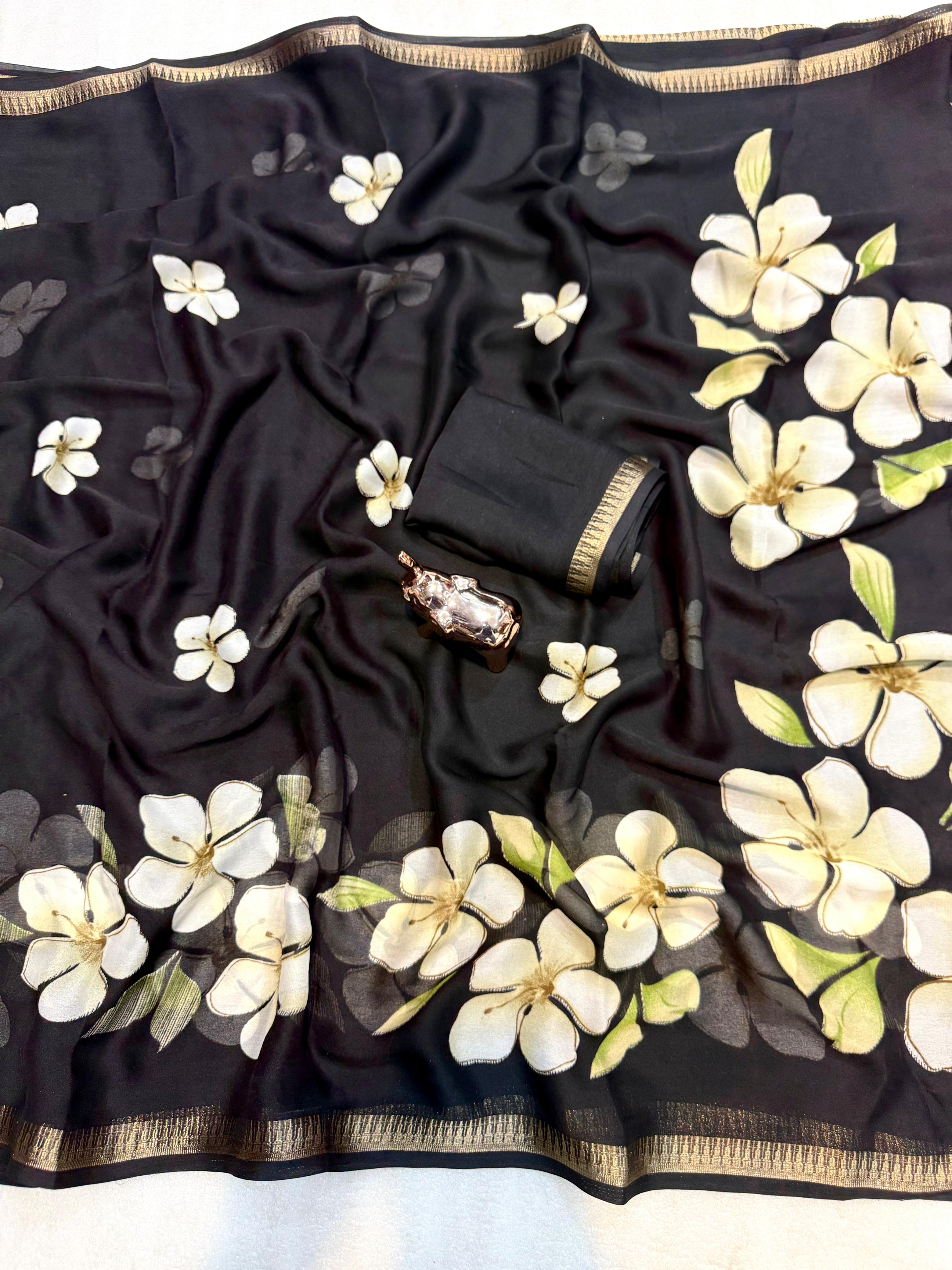 Delightful Party Wear Soft Silk Floral Print Jacquard Border Rich Pallu Fancy Saree With Blouse Piece
