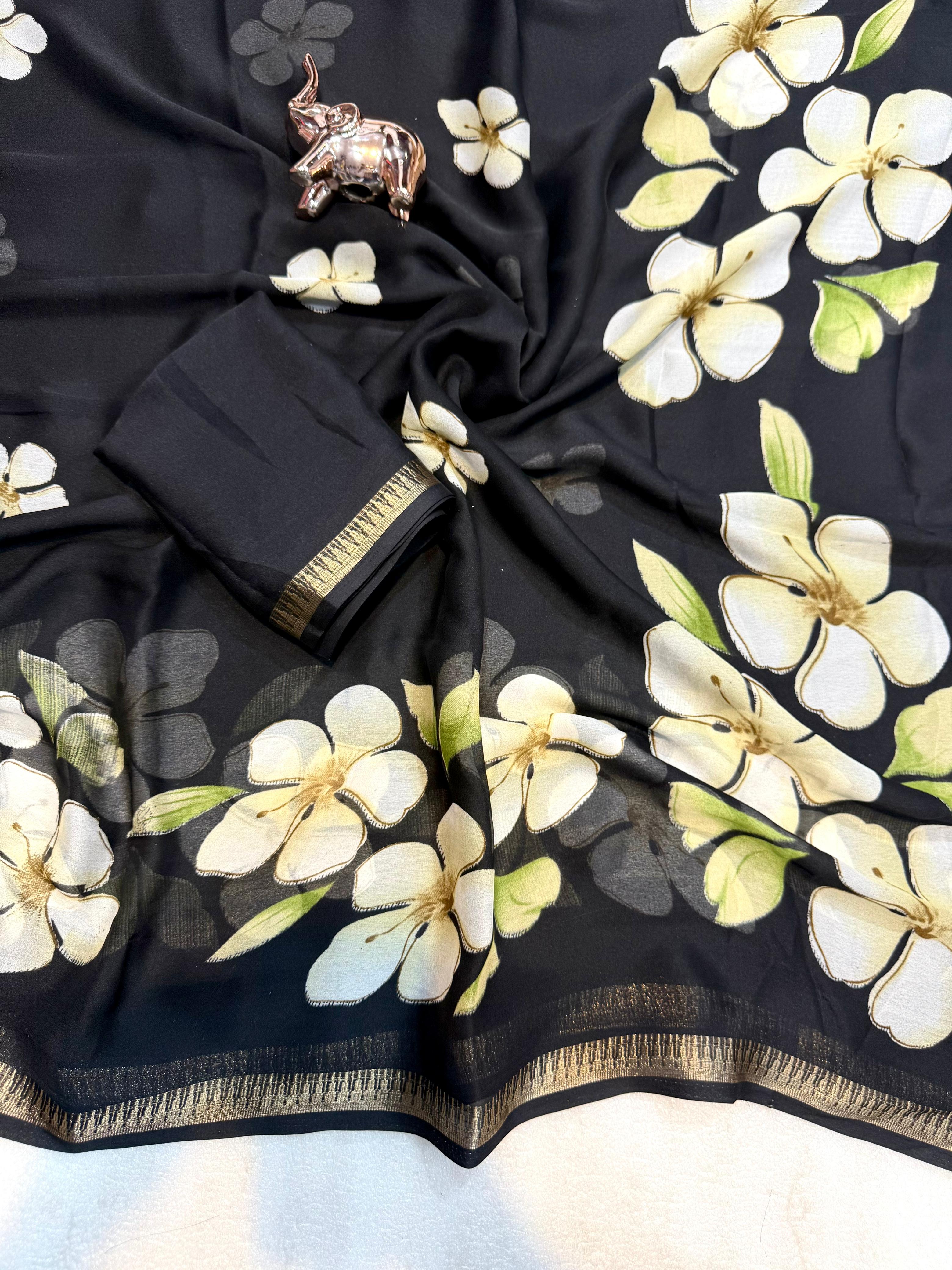 Delightful Party Wear Soft Silk Floral Print Jacquard Border Rich Pallu Fancy Saree With Blouse Piece