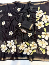 Load image into Gallery viewer, Delightful Party Wear Soft Silk Floral Print Jacquard Border Rich Pallu Fancy Saree With Blouse Piece
