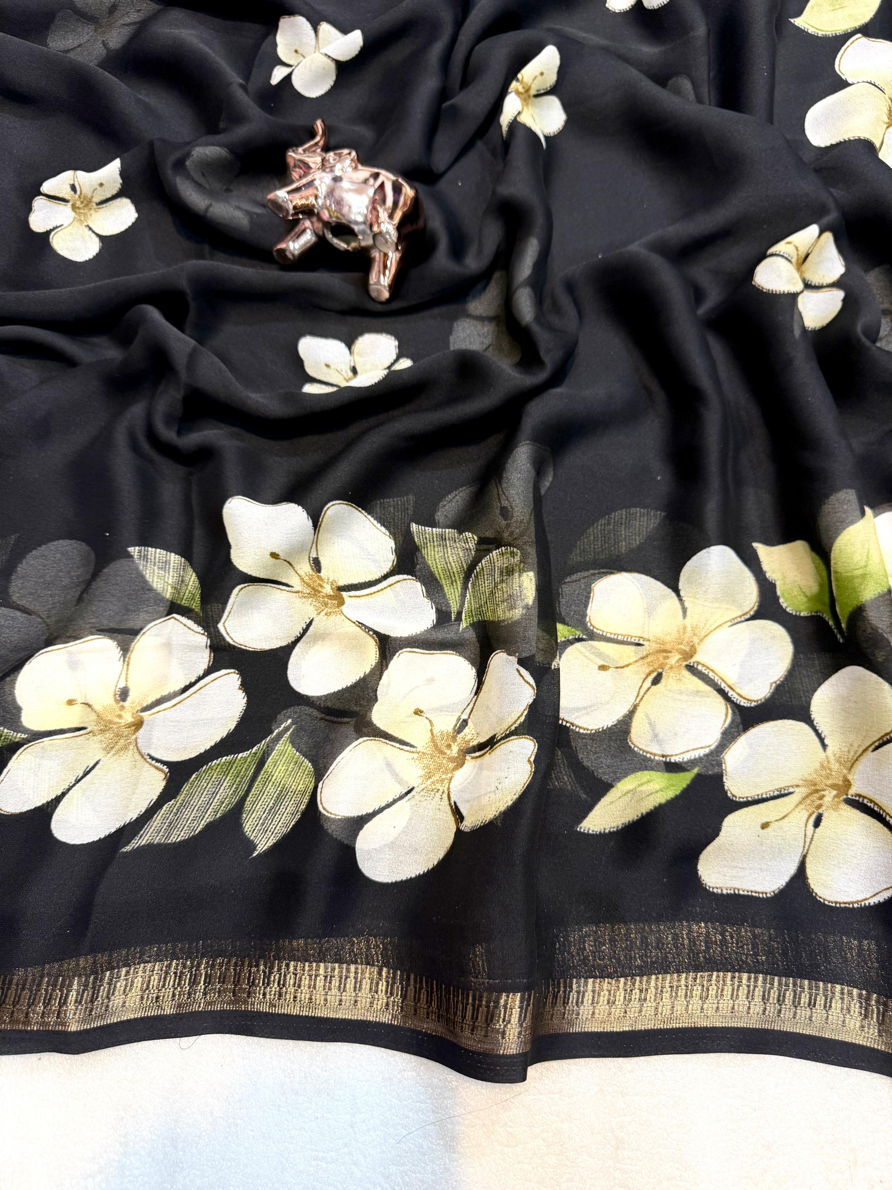 Delightful Party Wear Soft Silk Floral Print Jacquard Border Rich Pallu Fancy Saree With Blouse Piece