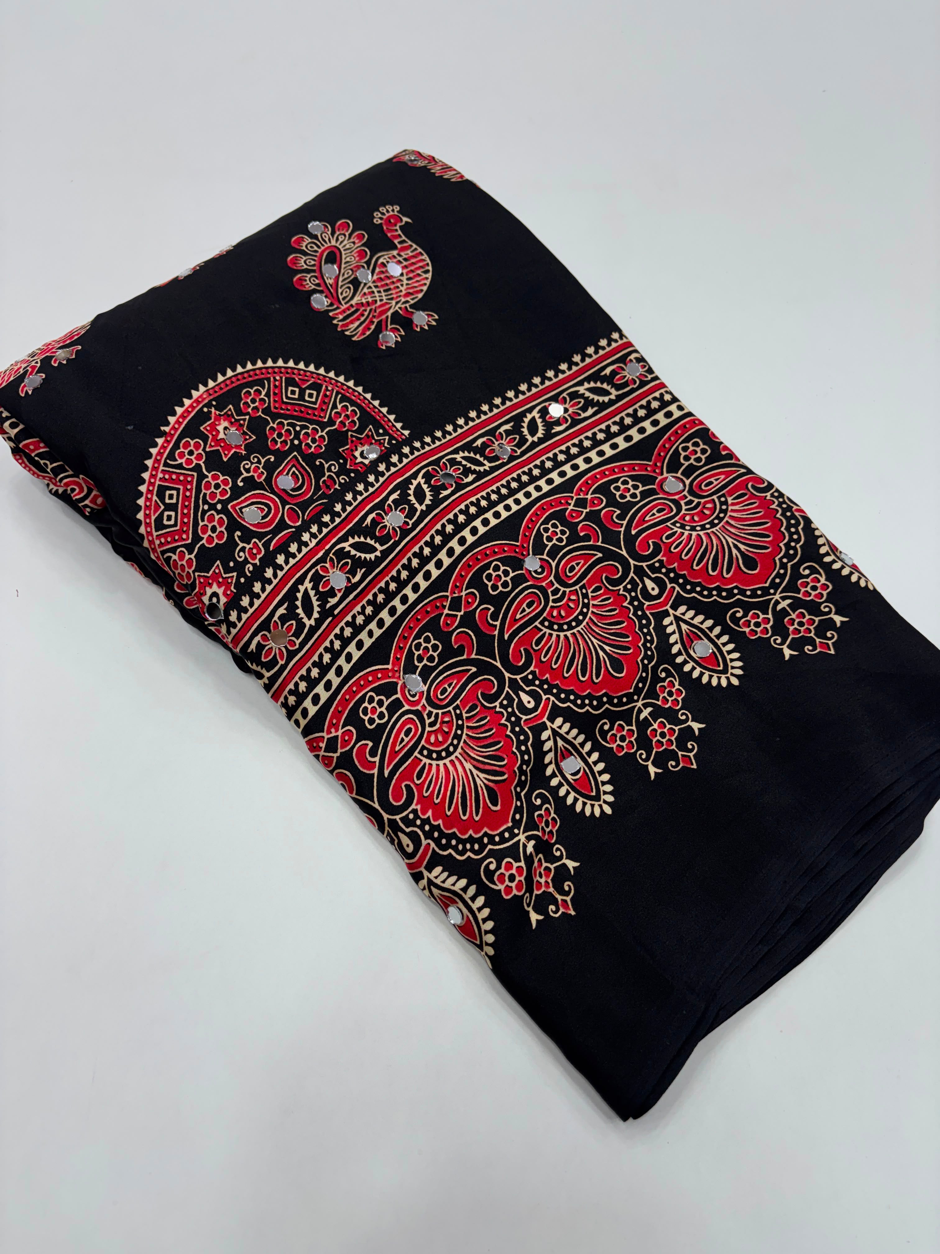 Glamorous Party Wear Pure Satin Silk Ajrak Printed Rich Pallu n Mirror Work Fancy Saree With Blouse Piece