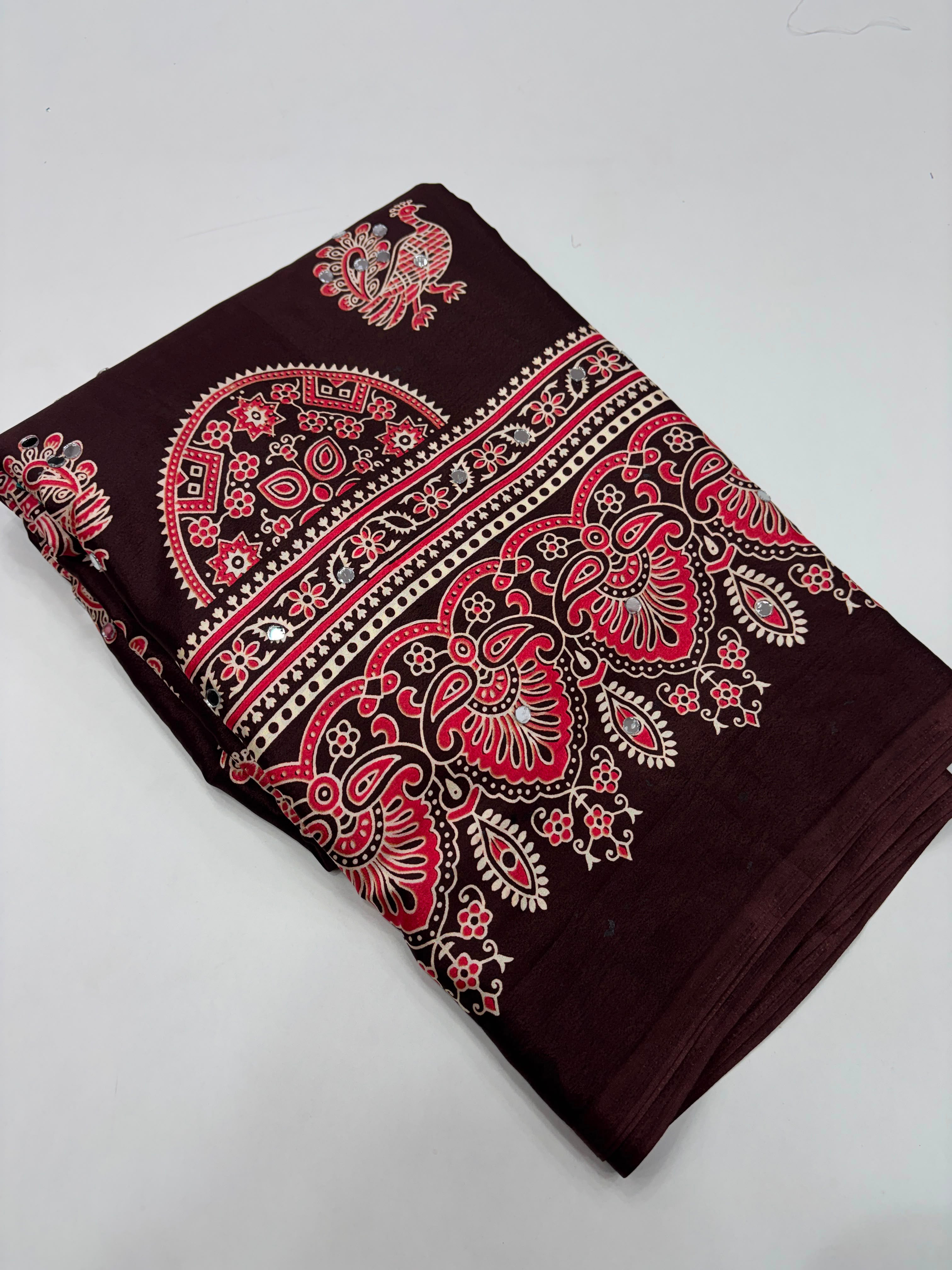 Glamorous Party Wear Pure Satin Silk Ajrak Printed Rich Pallu n Mirror Work Fancy Saree With Blouse Piece