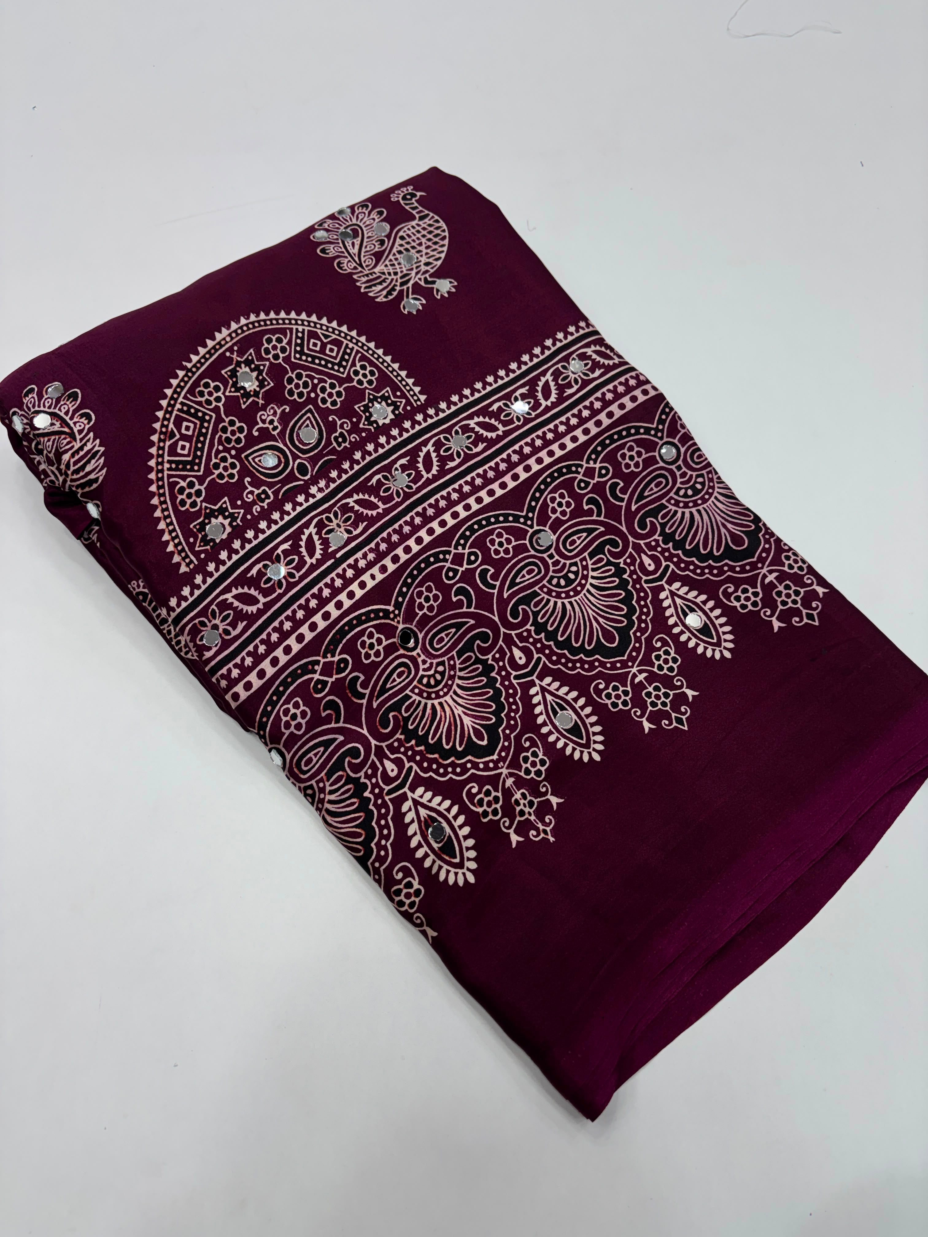 Glamorous Party Wear Pure Satin Silk Ajrak Printed Rich Pallu n Mirror Work Fancy Saree With Blouse Piece