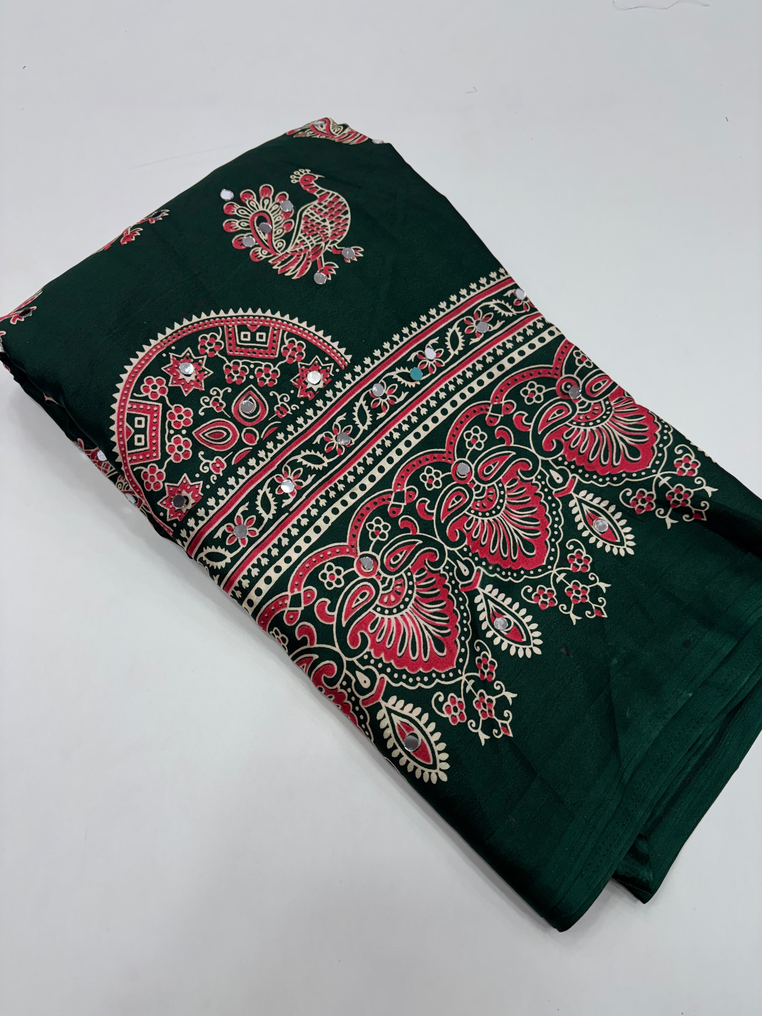 Glamorous Party Wear Pure Satin Silk Ajrak Printed Rich Pallu n Mirror Work Fancy Saree With Blouse Piece