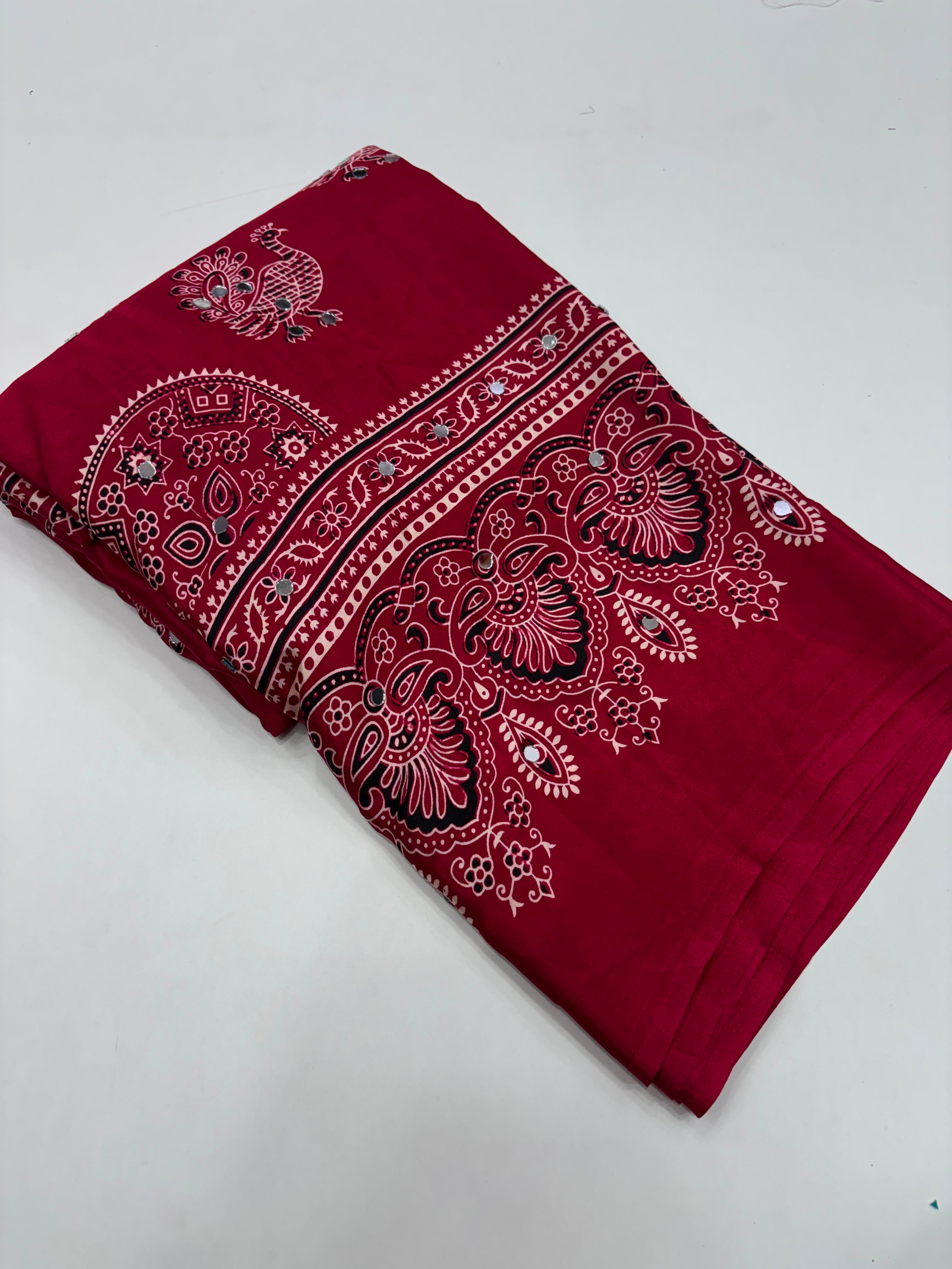 Glamorous Party Wear Pure Satin Silk Ajrak Printed Rich Pallu n Mirror Work Fancy Saree With Blouse Piece