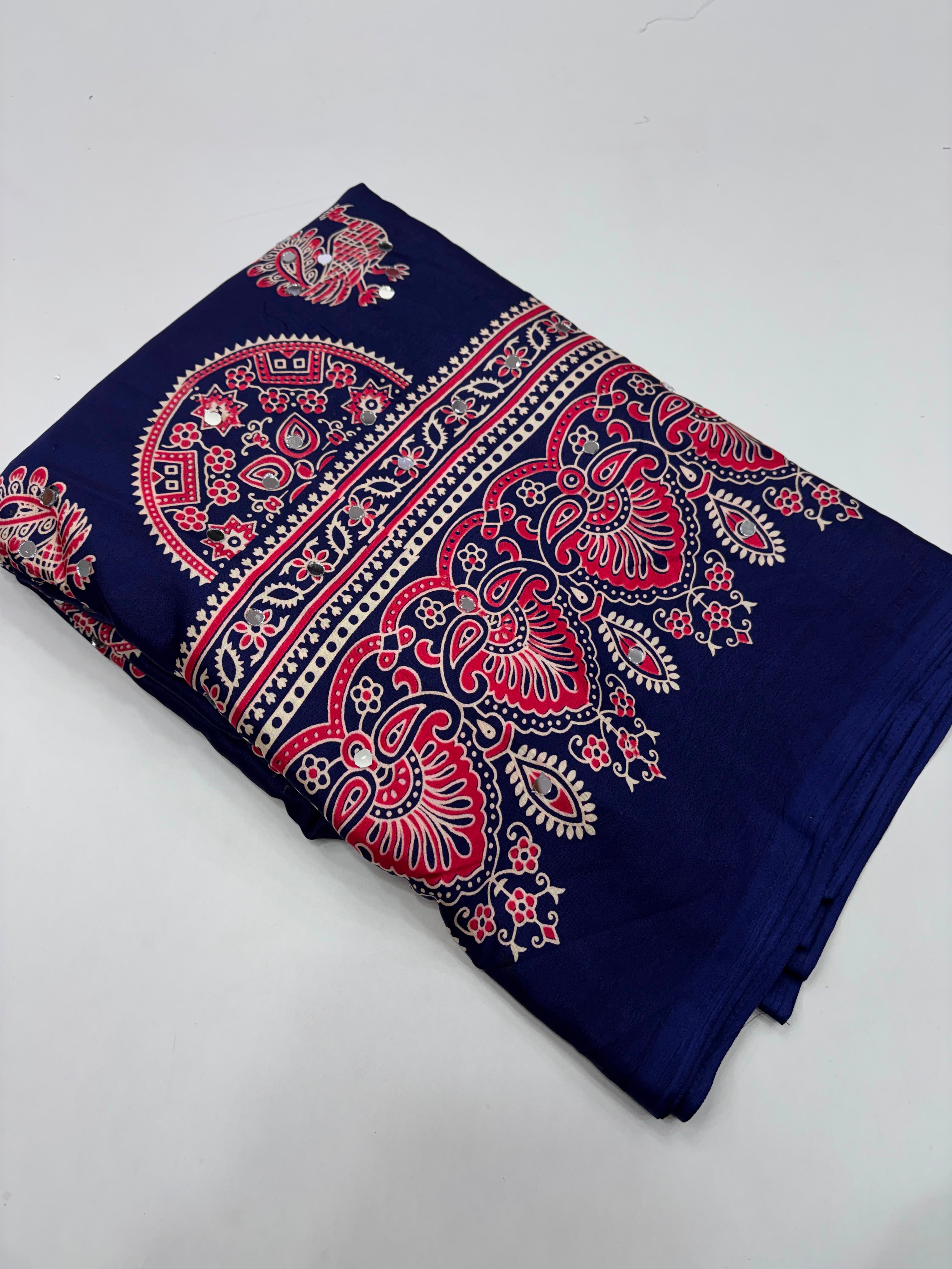 Glamorous Party Wear Pure Satin Silk Ajrak Printed Rich Pallu n Mirror Work Fancy Saree With Blouse Piece