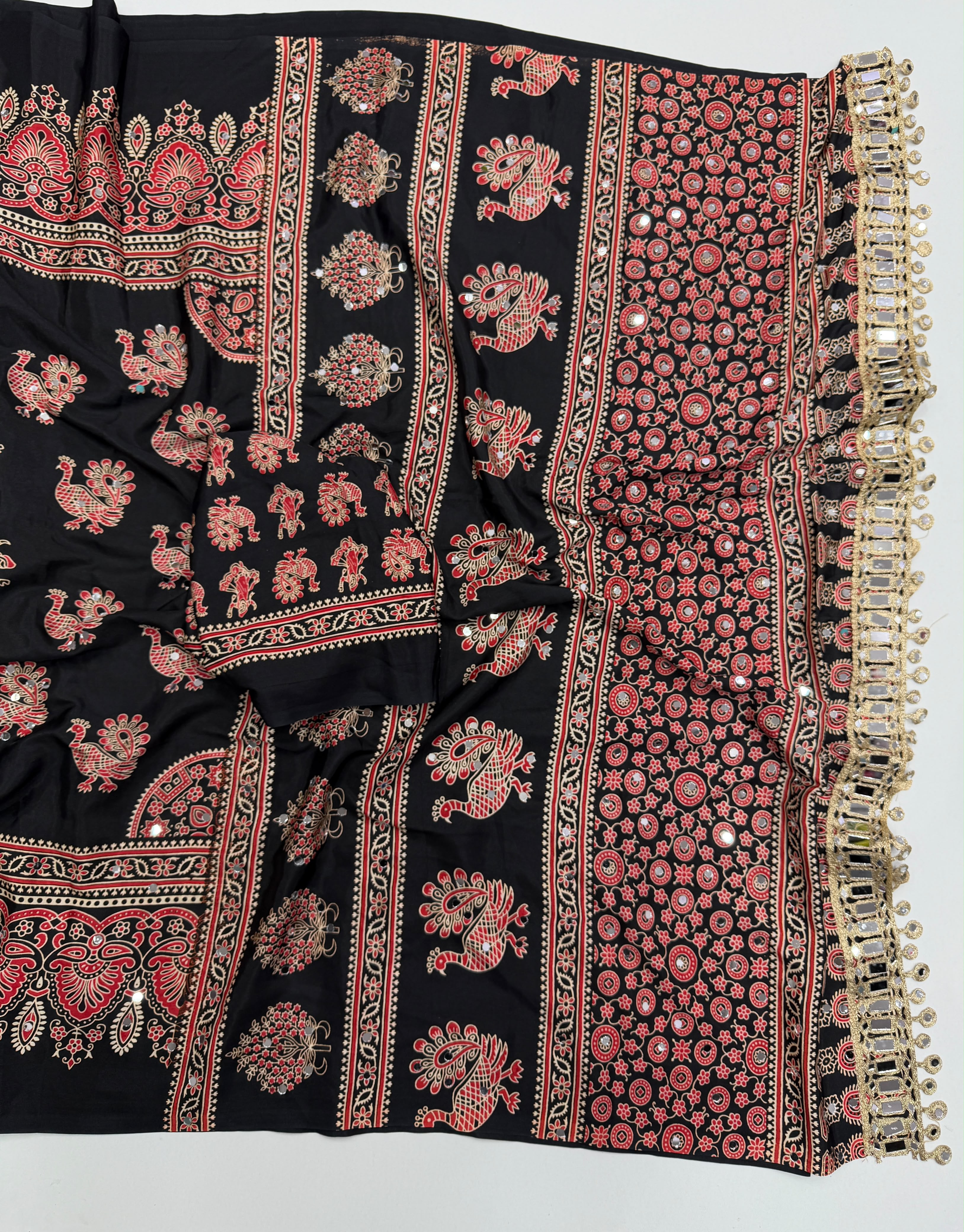 Glamorous Party Wear Pure Satin Silk Ajrak Printed Rich Pallu n Mirror Work Fancy Saree With Blouse Piece