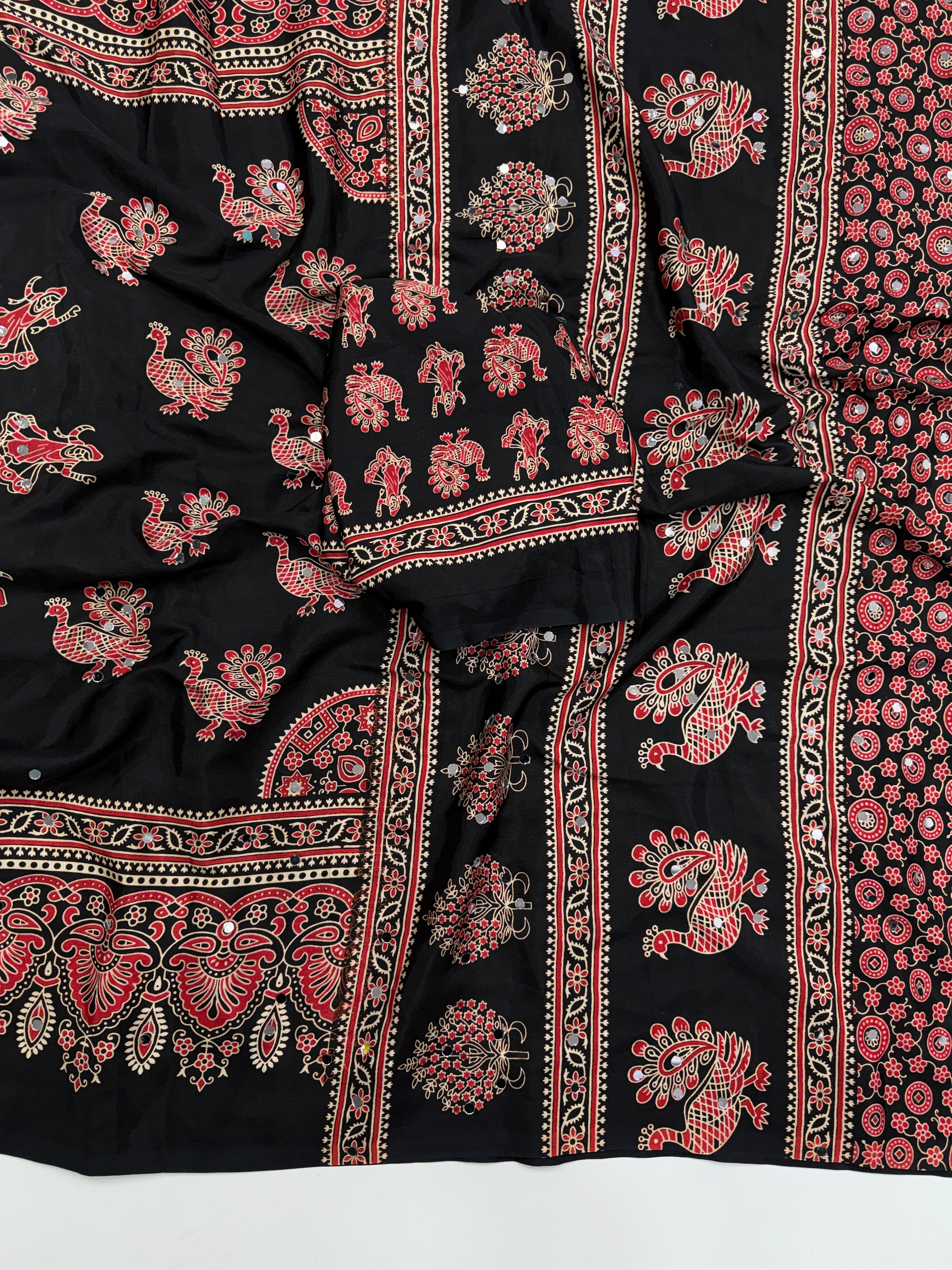 Glamorous Party Wear Pure Satin Silk Ajrak Printed Rich Pallu n Mirror Work Fancy Saree With Blouse Piece