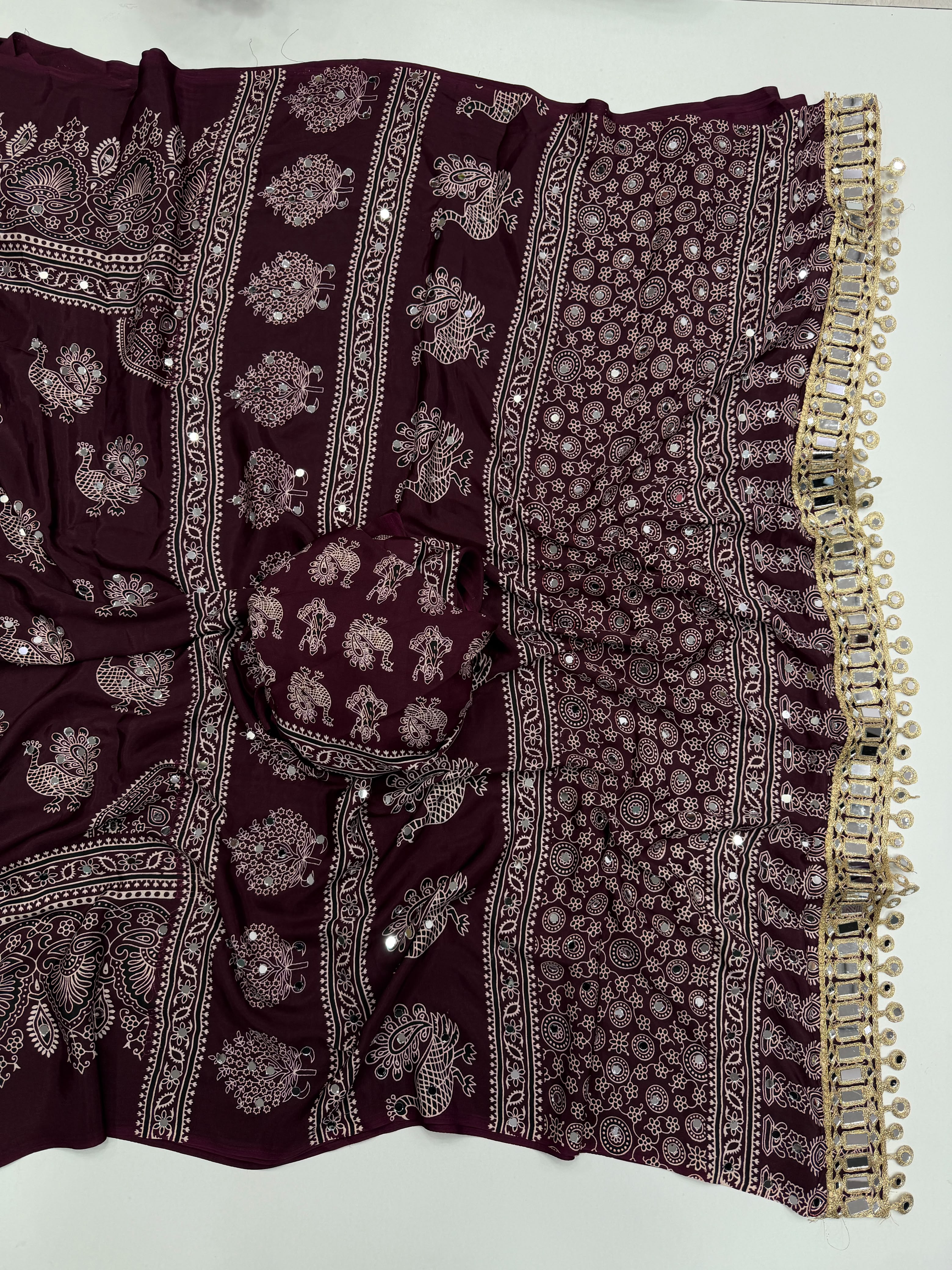 Glamorous Party Wear Pure Satin Silk Ajrak Printed Rich Pallu n Mirror Work Fancy Saree With Blouse Piece