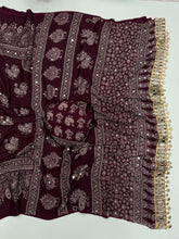 Load image into Gallery viewer, Glamorous Party Wear Pure Satin Silk Ajrak Printed Rich Pallu n Mirror Work Fancy Saree With Blouse Piece
