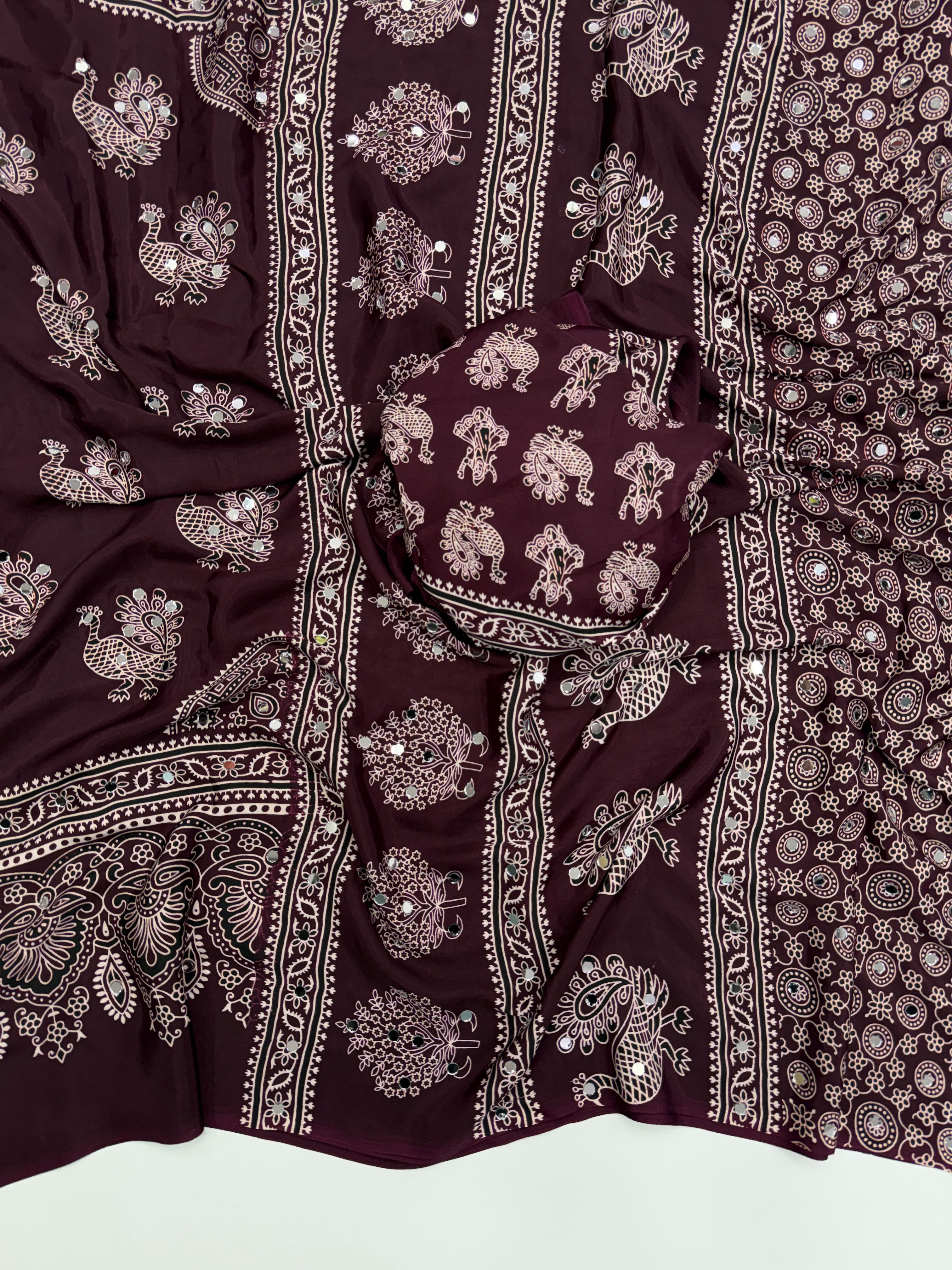 Glamorous Party Wear Pure Satin Silk Ajrak Printed Rich Pallu n Mirror Work Fancy Saree With Blouse Piece