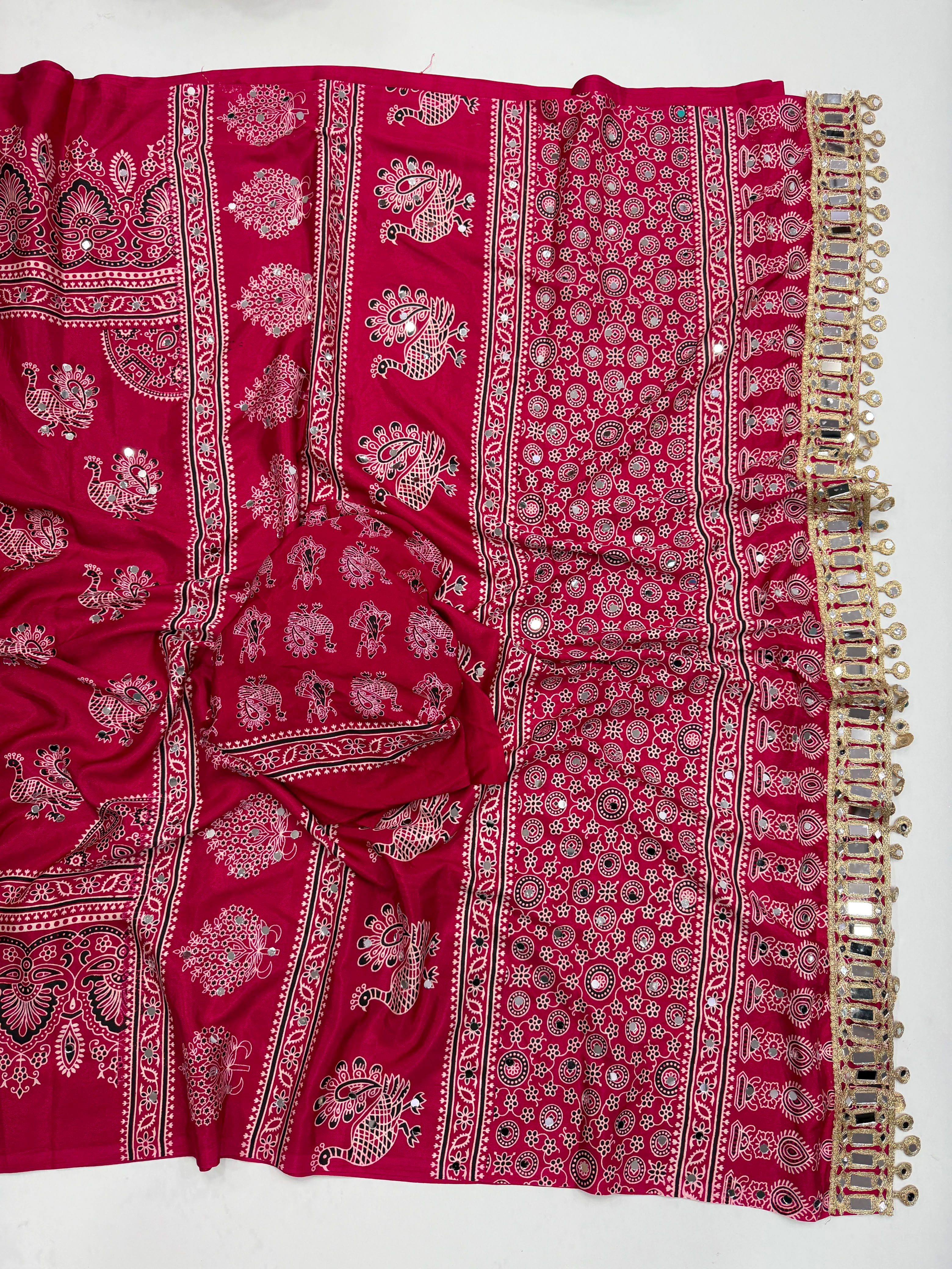 Glamorous Party Wear Pure Satin Silk Ajrak Printed Rich Pallu n Mirror Work Fancy Saree With Blouse Piece