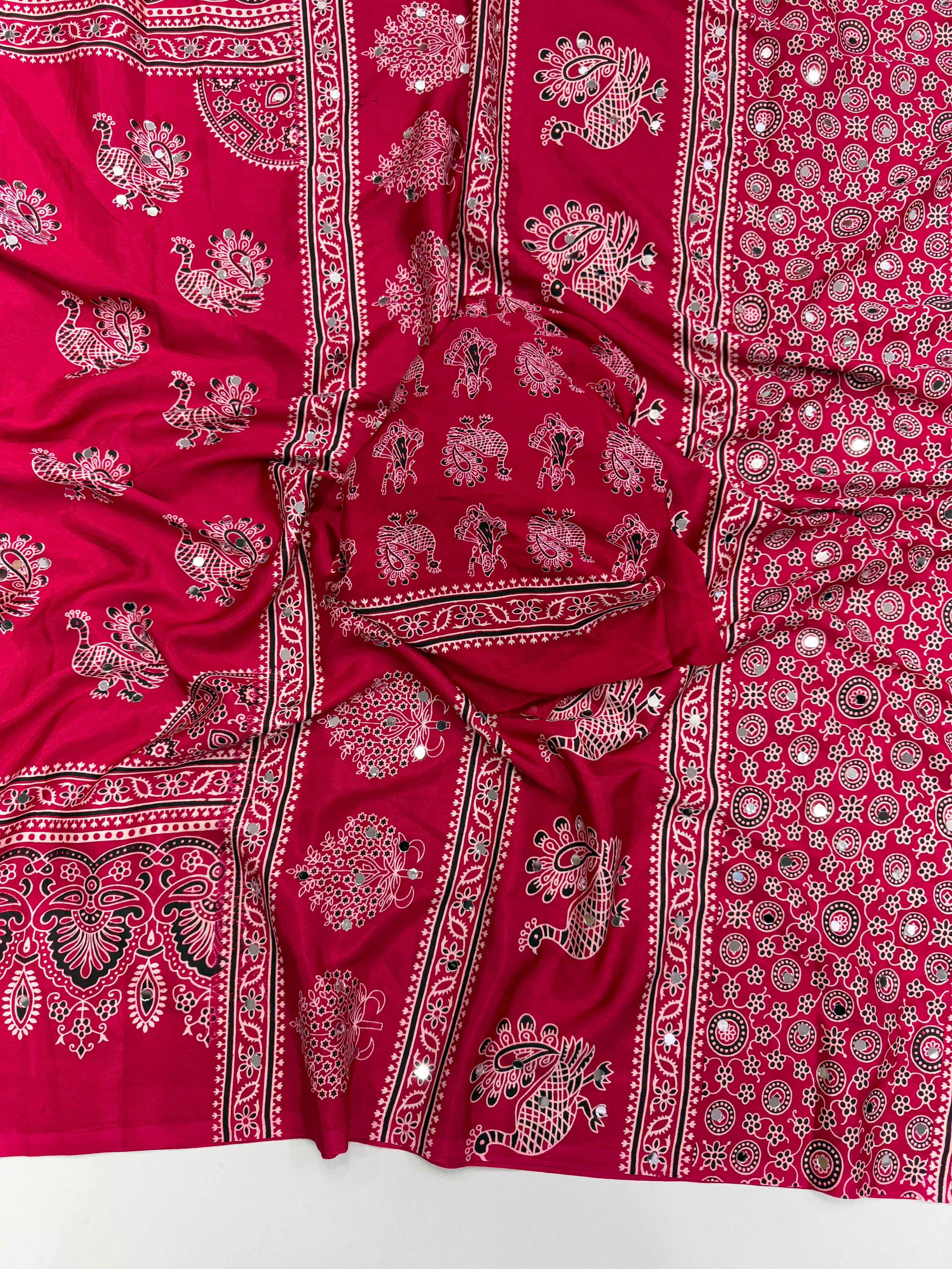 Glamorous Party Wear Pure Satin Silk Ajrak Printed Rich Pallu n Mirror Work Fancy Saree With Blouse Piece