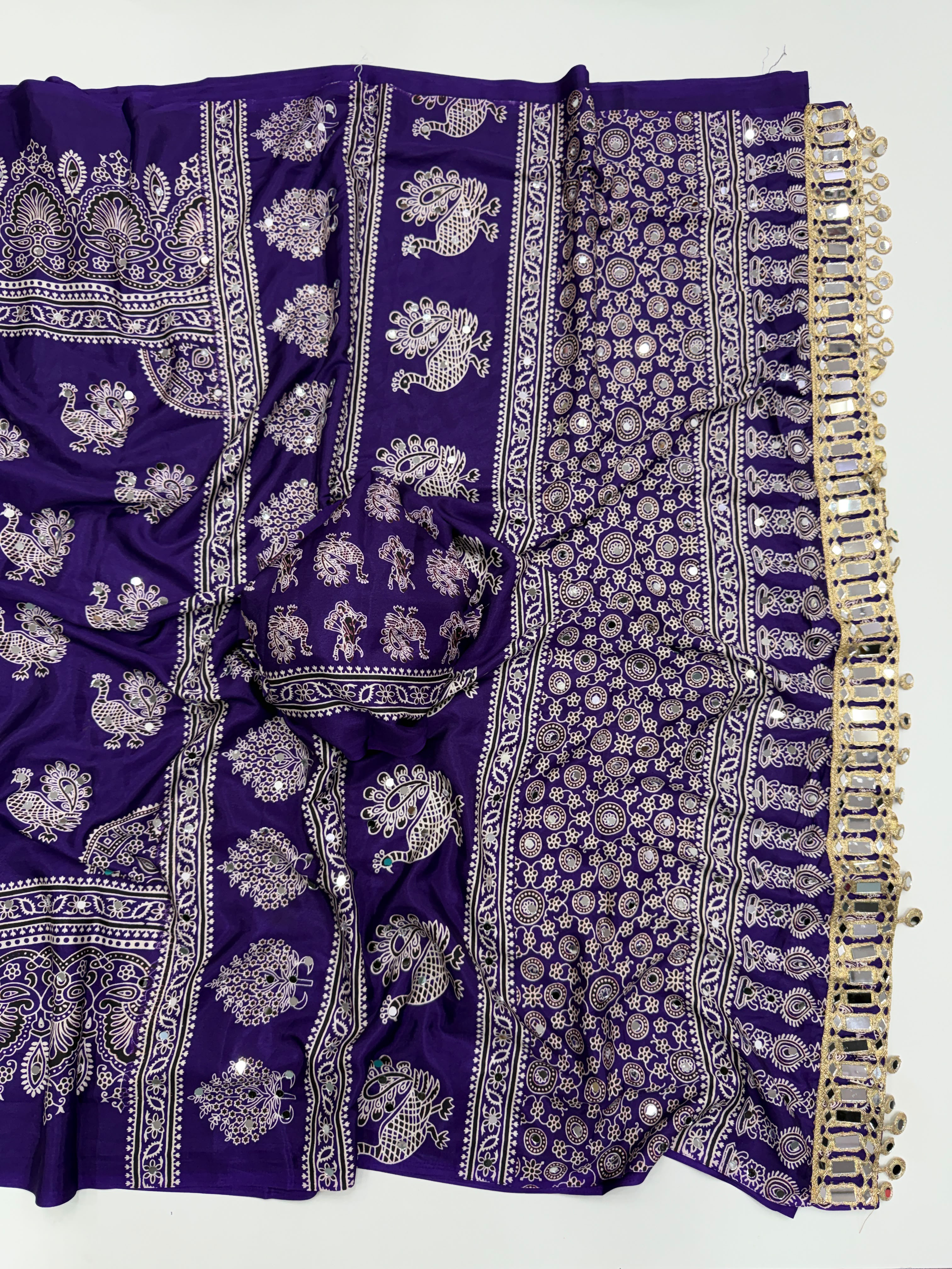 Glamorous Party Wear Pure Satin Silk Ajrak Printed Rich Pallu n Mirror Work Fancy Saree With Blouse Piece