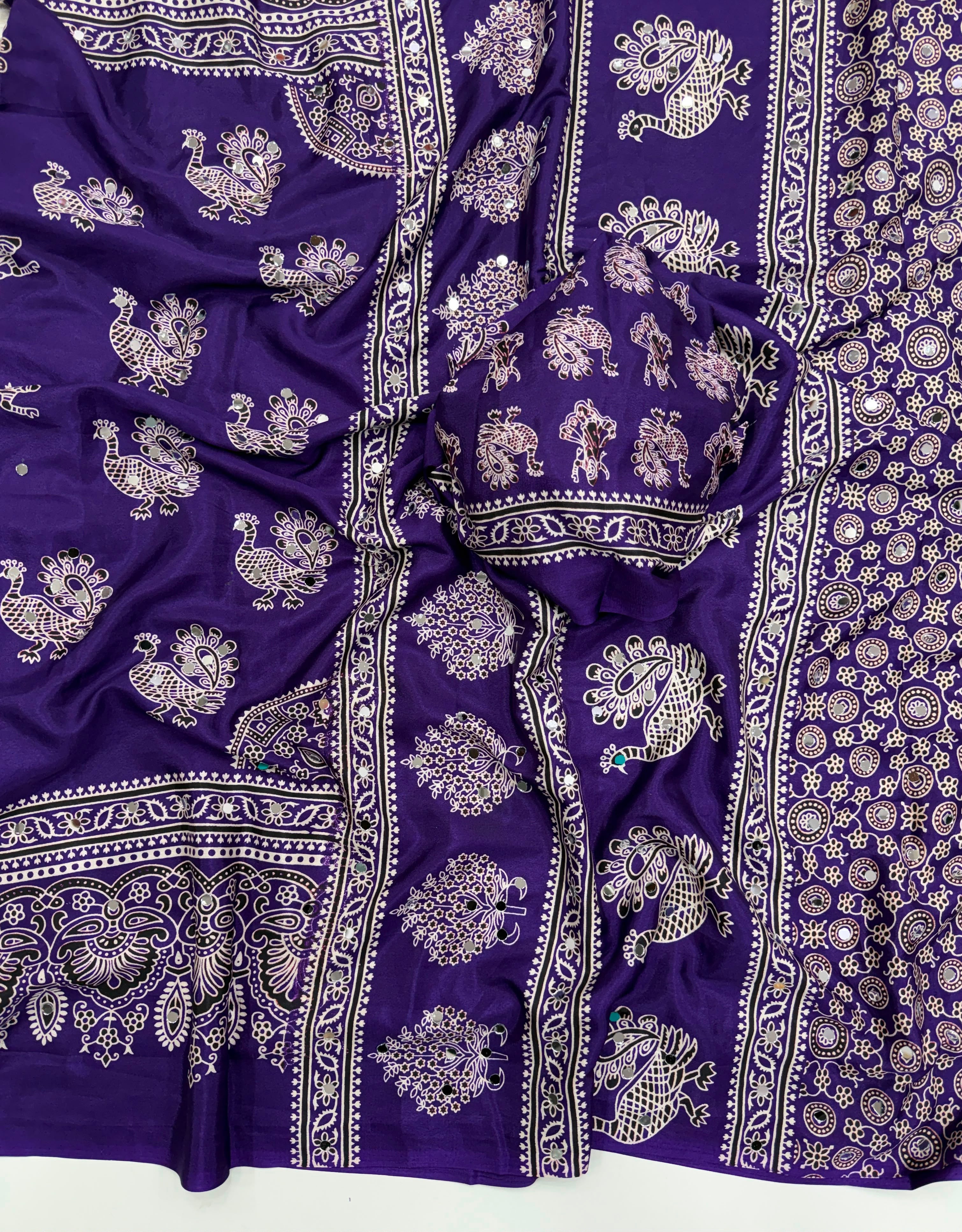Glamorous Party Wear Pure Satin Silk Ajrak Printed Rich Pallu n Mirror Work Fancy Saree With Blouse Piece
