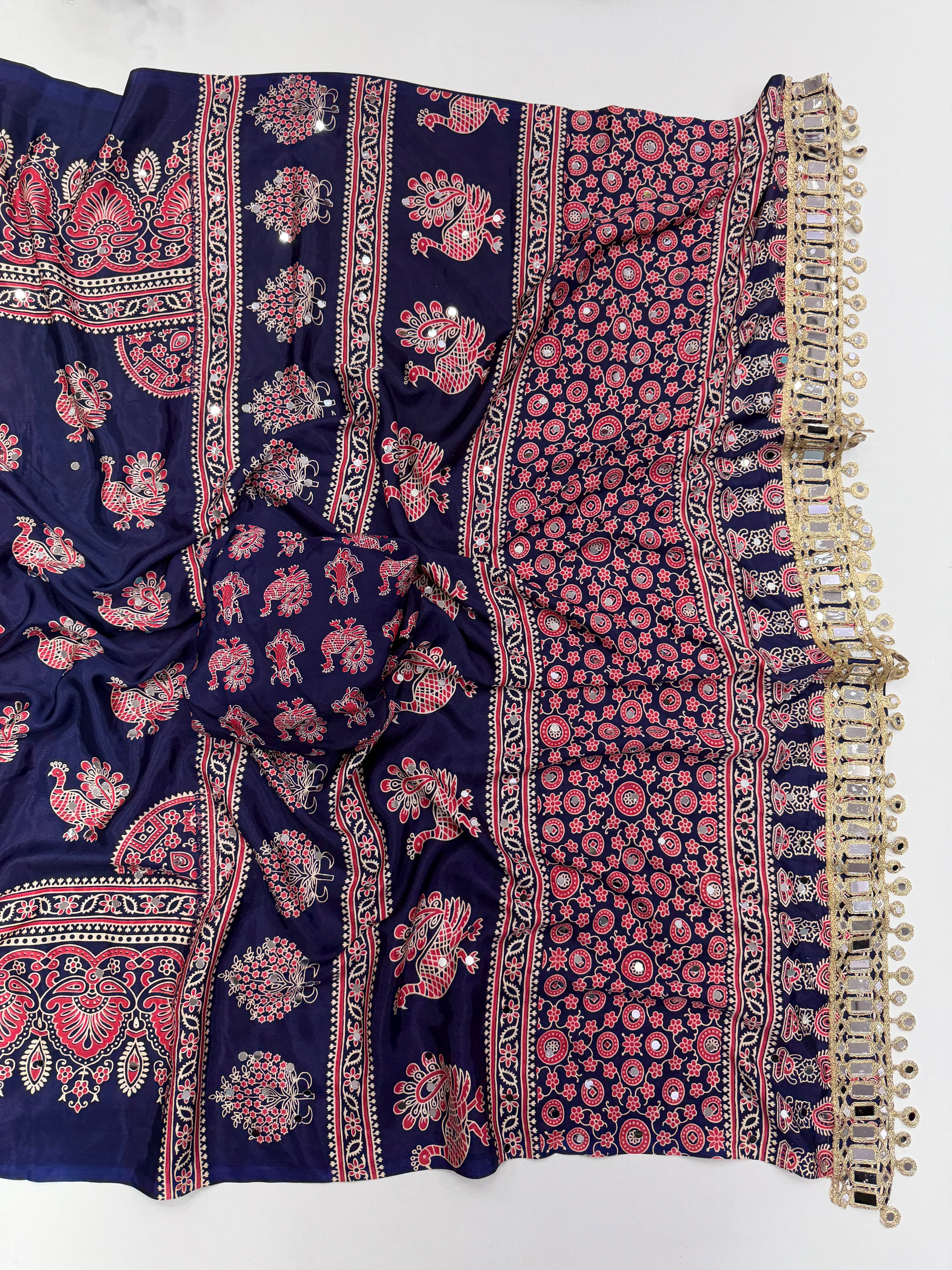 Glamorous Party Wear Pure Satin Silk Ajrak Printed Rich Pallu n Mirror Work Fancy Saree With Blouse Piece