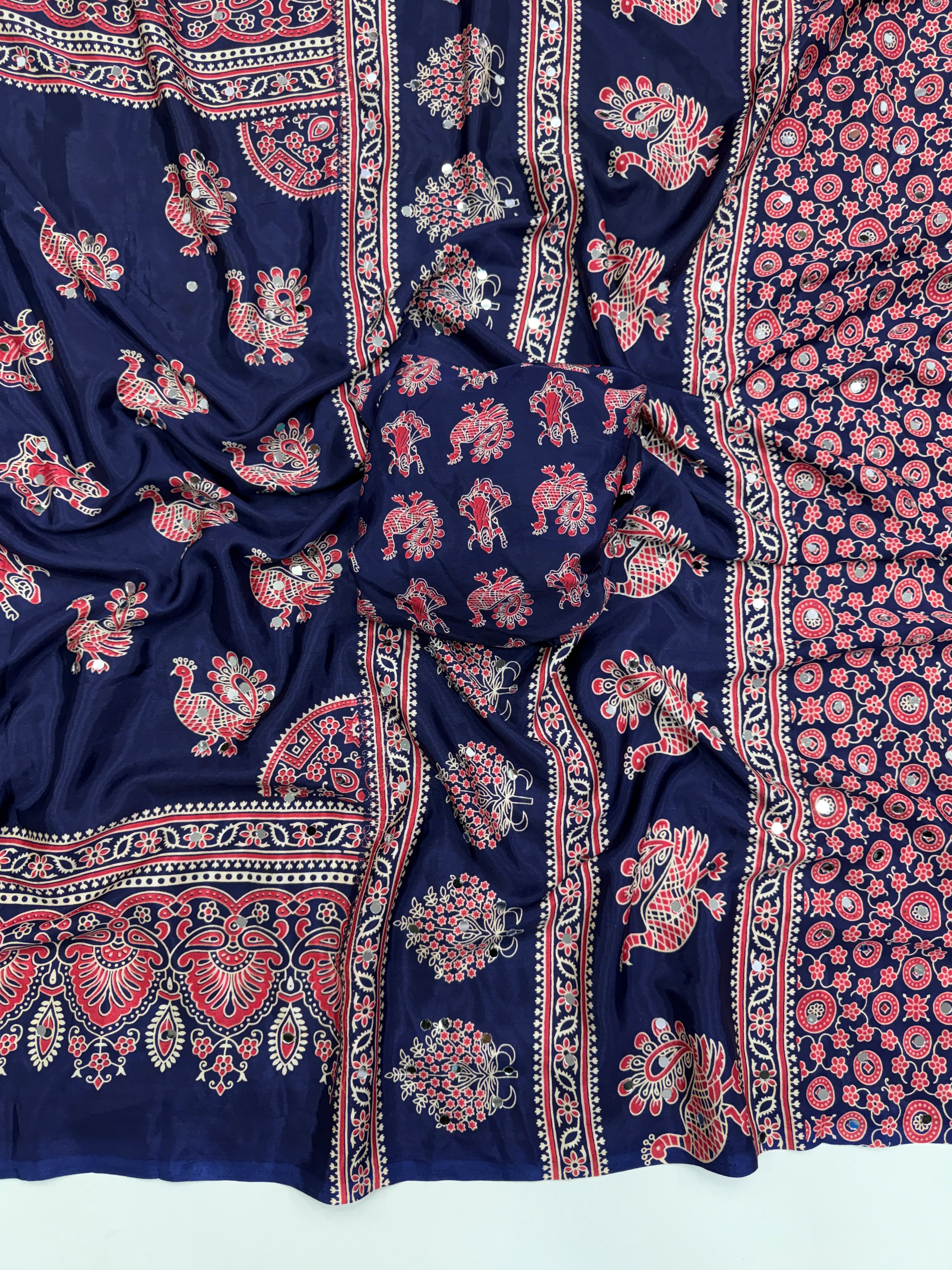 Glamorous Party Wear Pure Satin Silk Ajrak Printed Rich Pallu n Mirror Work Fancy Saree With Blouse Piece
