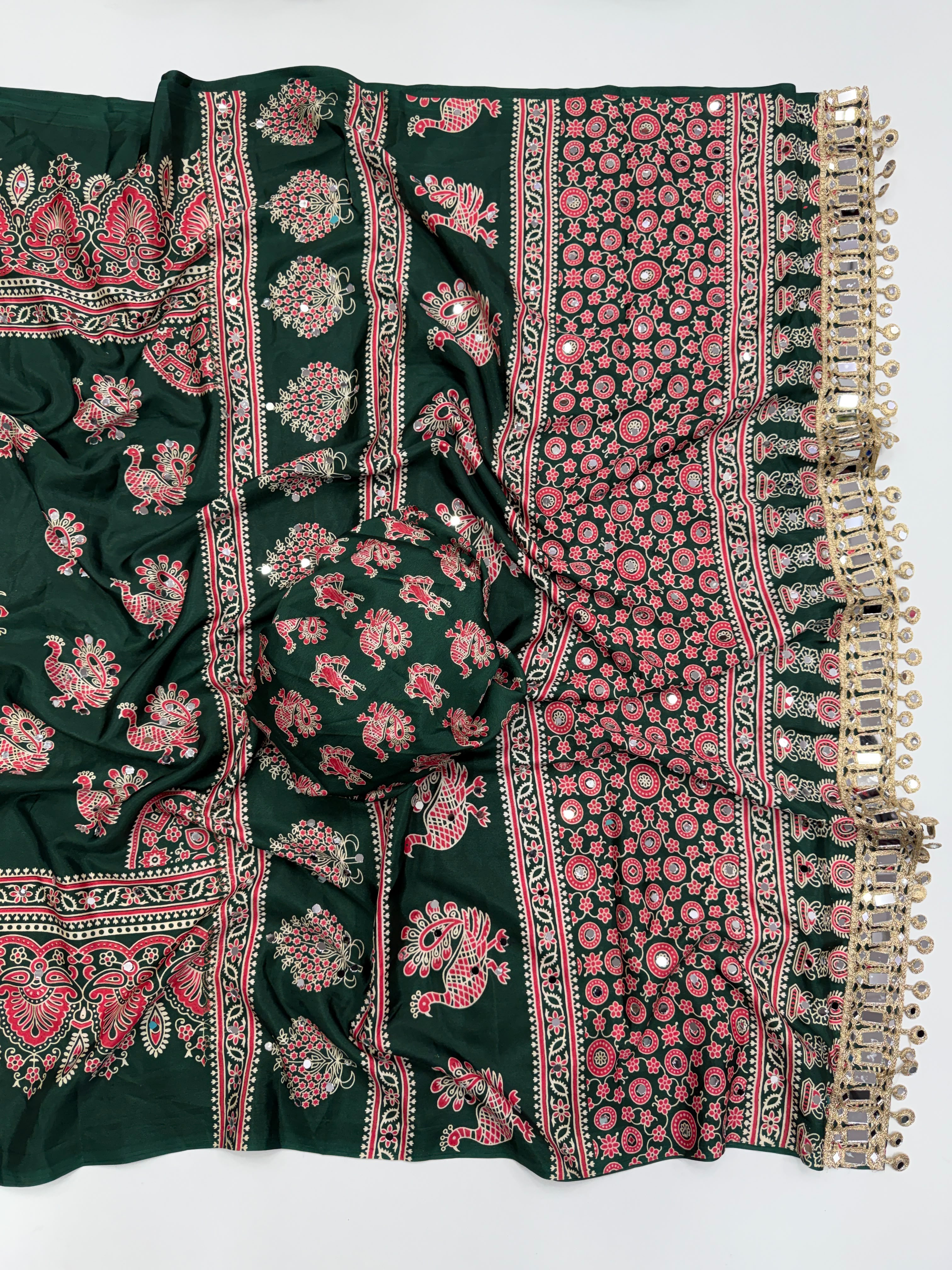 Glamorous Party Wear Pure Satin Silk Ajrak Printed Rich Pallu n Mirror Work Fancy Saree With Blouse Piece