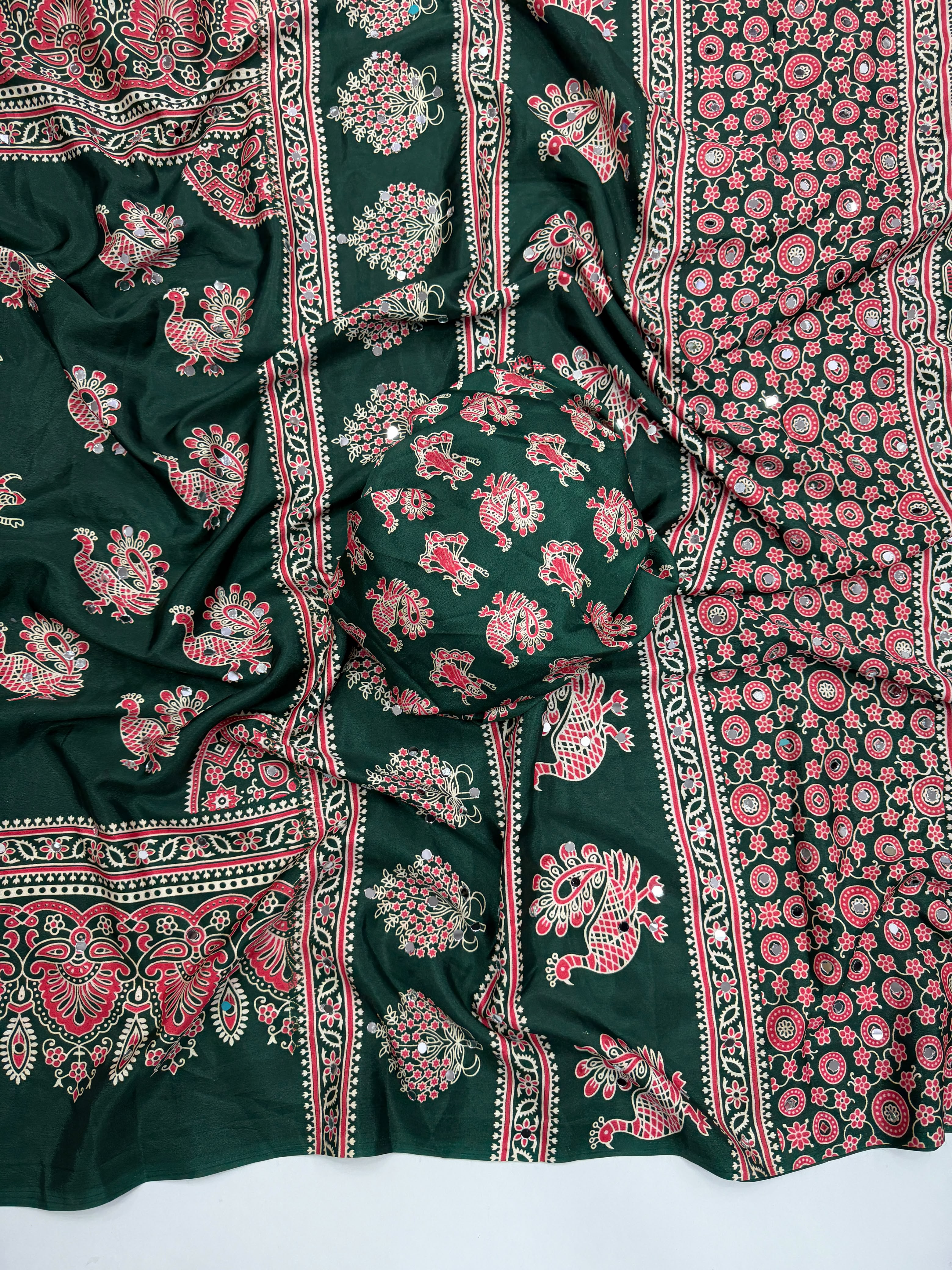 Glamorous Party Wear Pure Satin Silk Ajrak Printed Rich Pallu n Mirror Work Fancy Saree With Blouse Piece