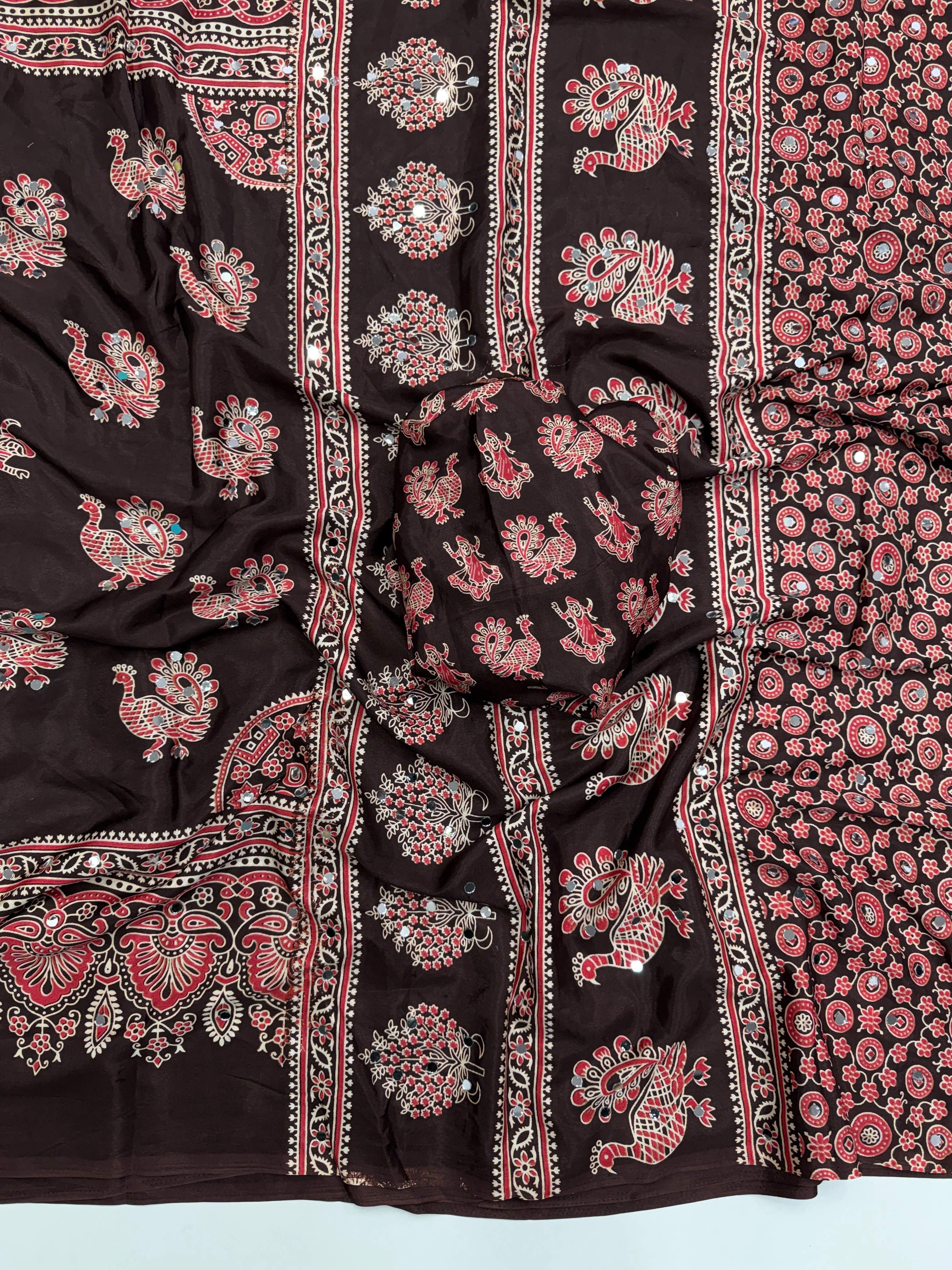 Glamorous Party Wear Pure Satin Silk Ajrak Printed Rich Pallu n Mirror Work Fancy Saree With Blouse Piece