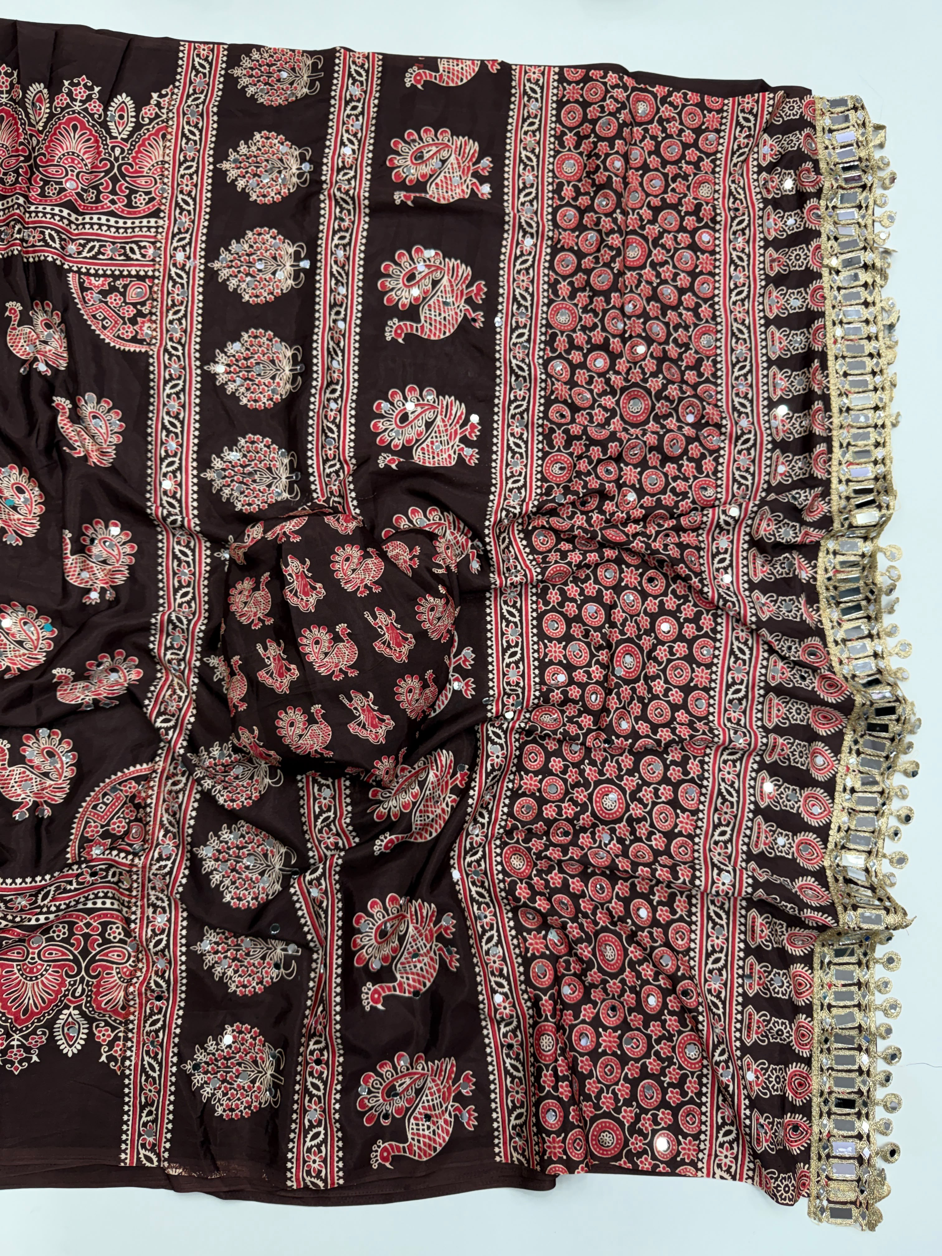 Glamorous Party Wear Pure Satin Silk Ajrak Printed Rich Pallu n Mirror Work Fancy Saree With Blouse Piece