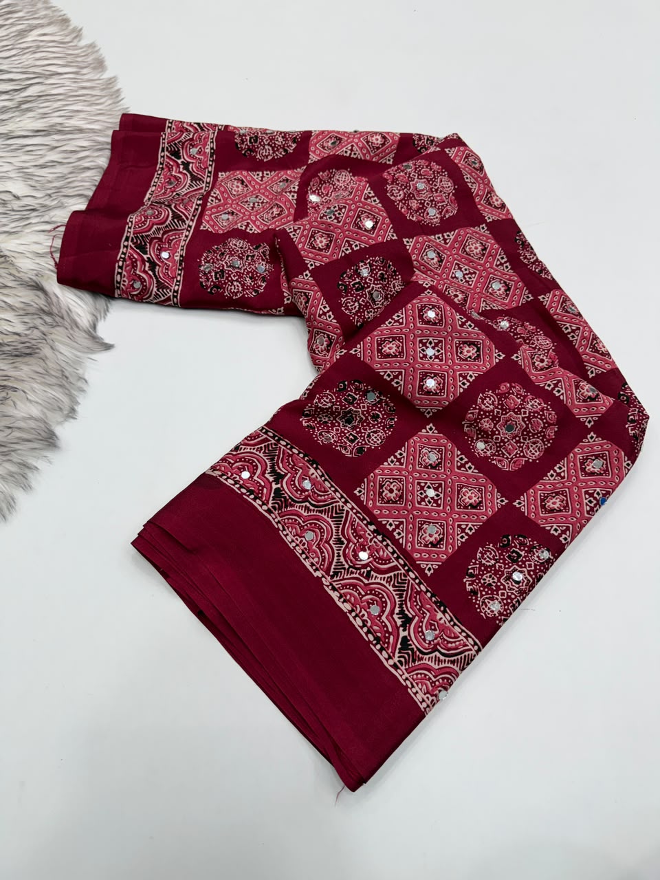Adorable Function Wear Pure Satin Silk Ajrak Printed Rich Pallu n Mirror Work Saree With Blouse Piece