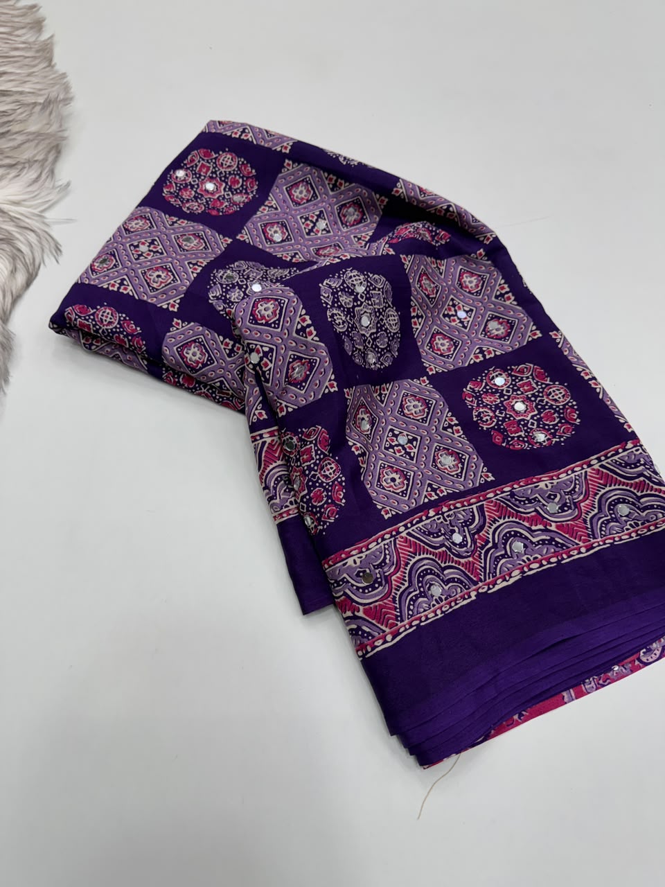 Adorable Function Wear Pure Satin Silk Ajrak Printed Rich Pallu n Mirror Work Saree With Blouse Piece