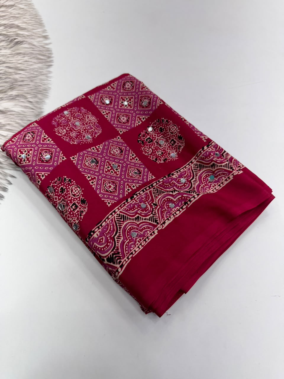 Adorable Function Wear Pure Satin Silk Ajrak Printed Rich Pallu n Mirror Work Saree With Blouse Piece