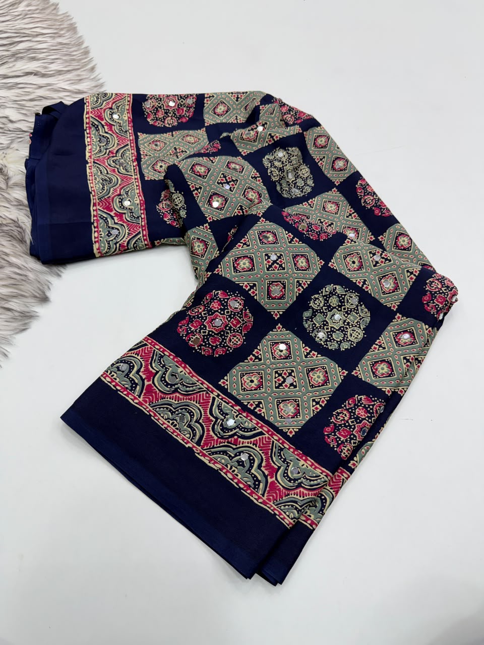 Adorable Function Wear Pure Satin Silk Ajrak Printed Rich Pallu n Mirror Work Saree With Blouse Piece