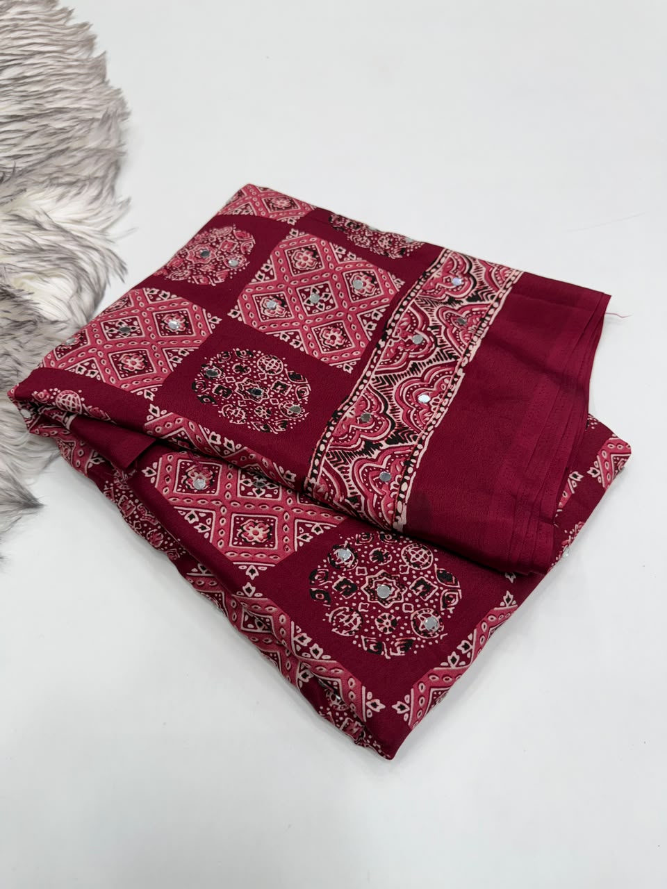 Adorable Function Wear Pure Satin Silk Ajrak Printed Rich Pallu n Mirror Work Saree With Blouse Piece