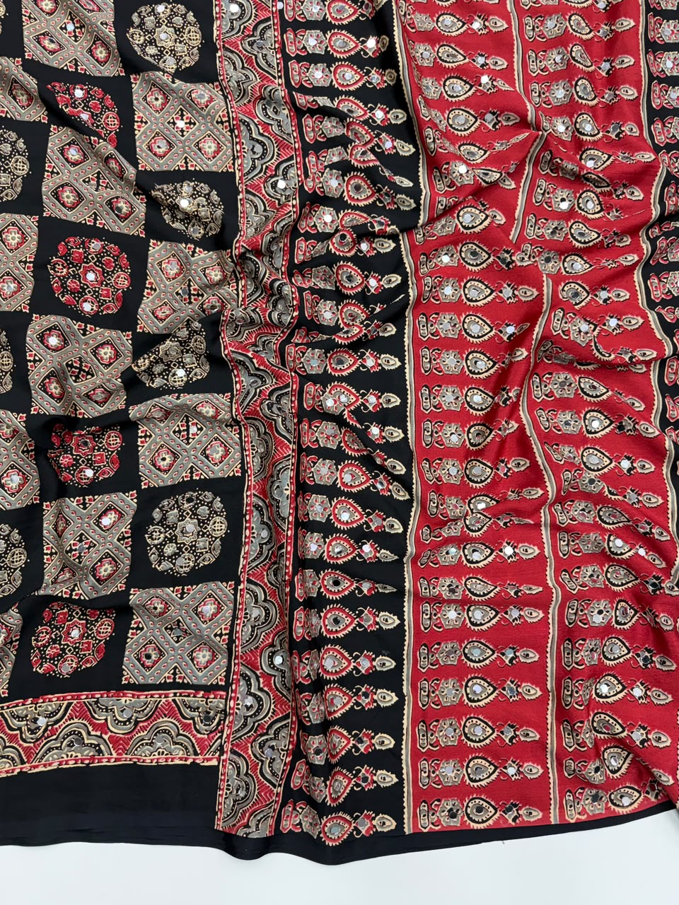 Adorable Function Wear Pure Satin Silk Ajrak Printed Rich Pallu n Mirror Work Saree With Blouse Piece