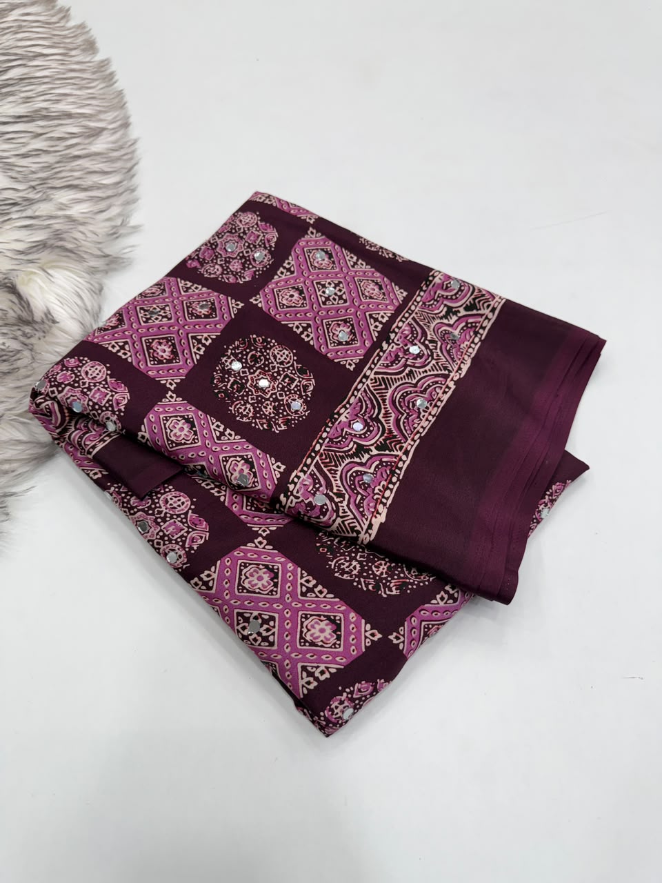 Adorable Function Wear Pure Satin Silk Ajrak Printed Rich Pallu n Mirror Work Saree With Blouse Piece