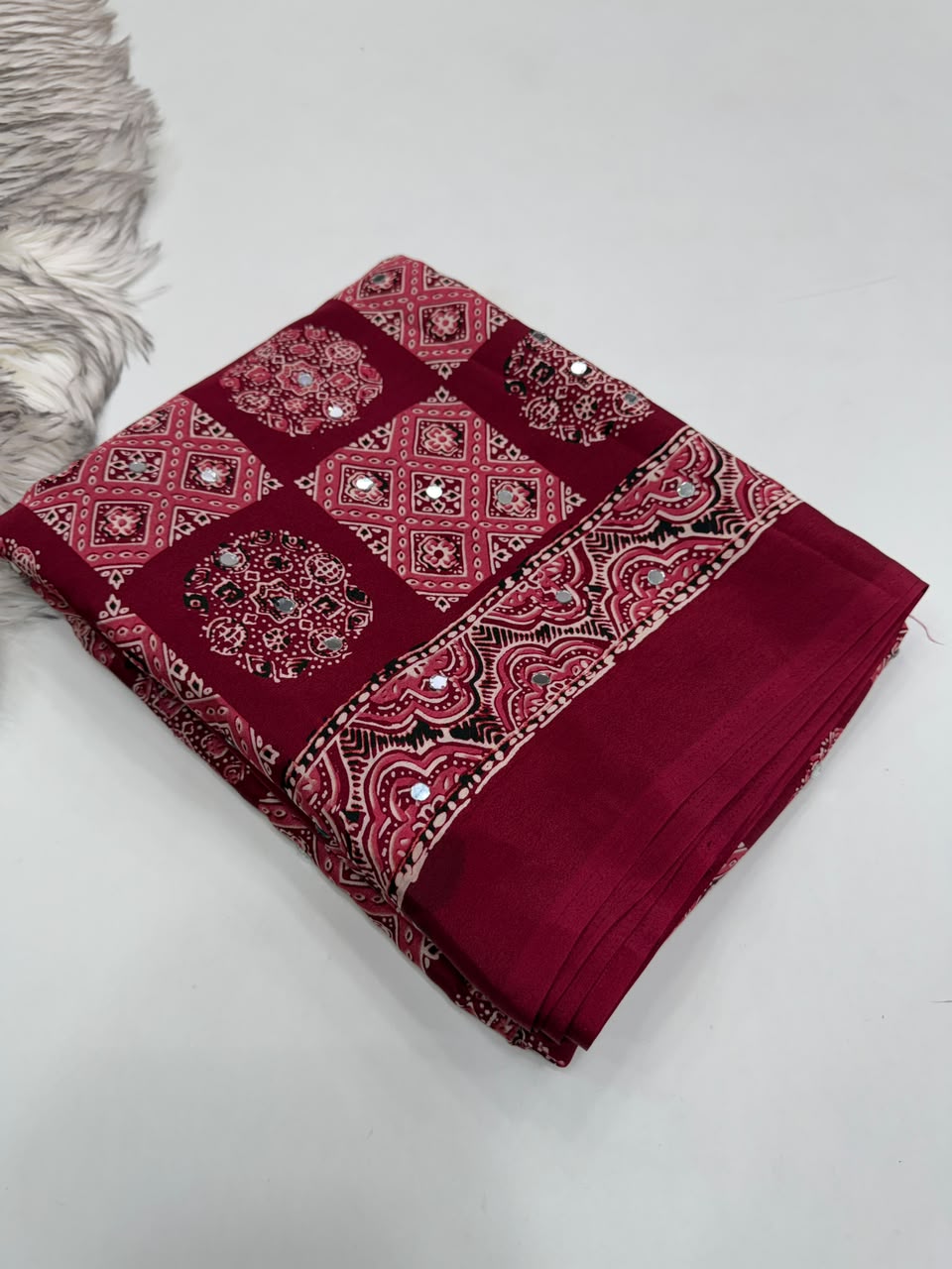 Adorable Function Wear Pure Satin Silk Ajrak Printed Rich Pallu n Mirror Work Saree With Blouse Piece